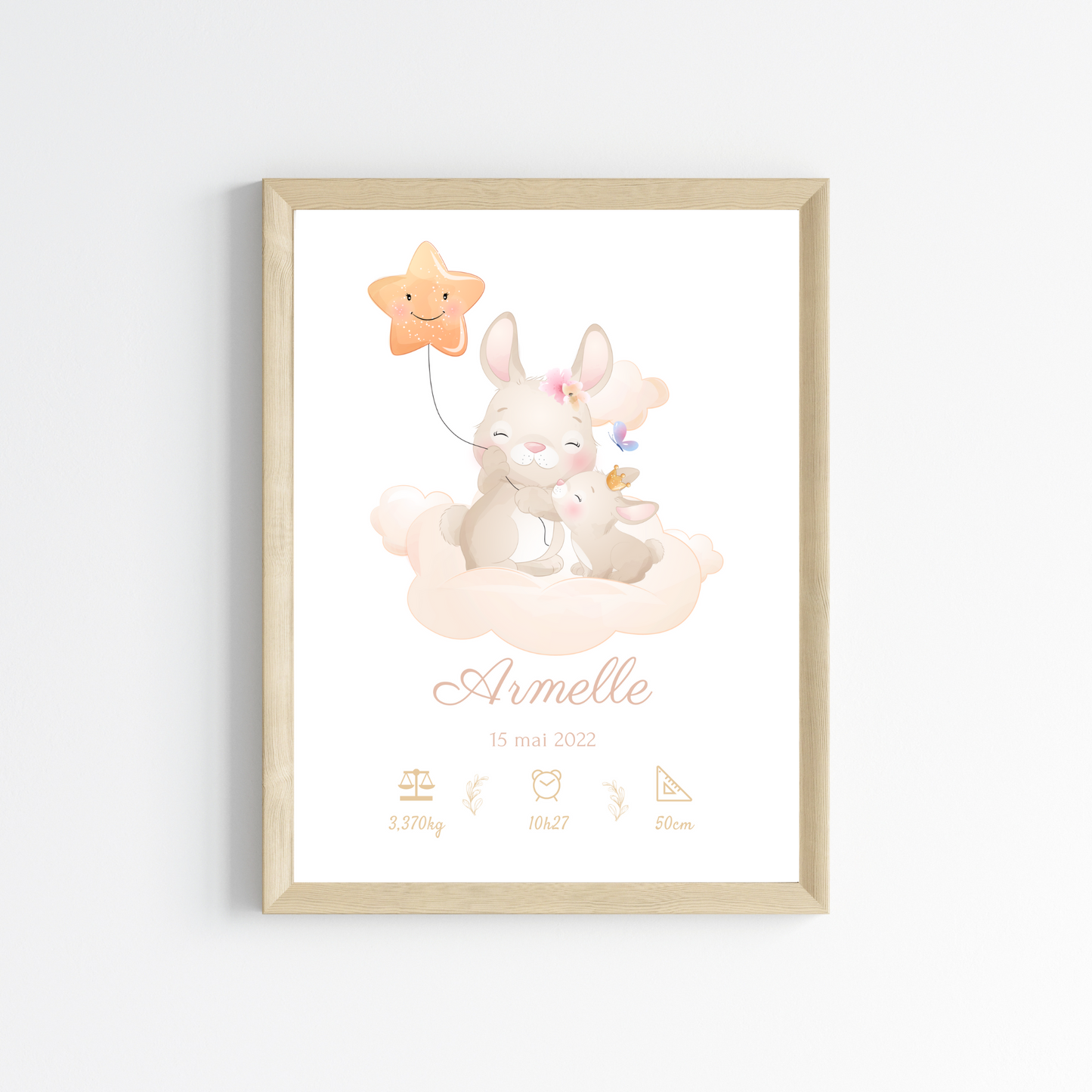 Affiche de naissance lapin - Cadeau de naissance personnalisé
