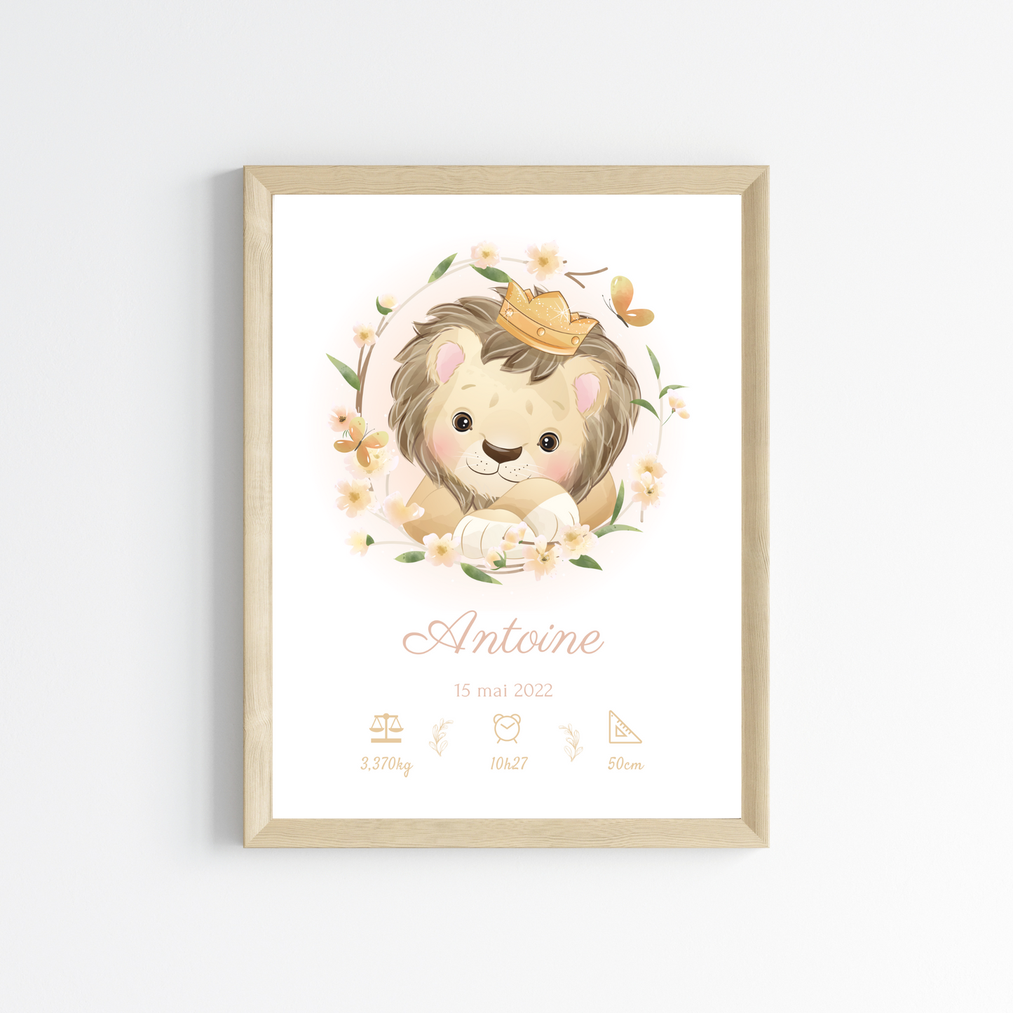 Affiche de naissance lion - Cadeau de naissance personnalisé