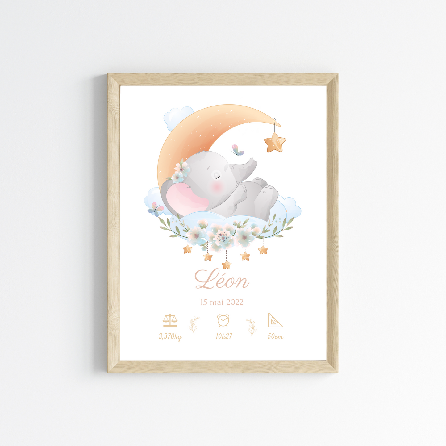 Affiche de naissance éléphant - Cadeau de naissance personnalisé