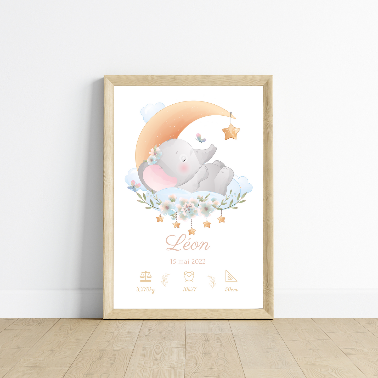 Affiche de naissance éléphant - Cadeau de naissance personnalisé