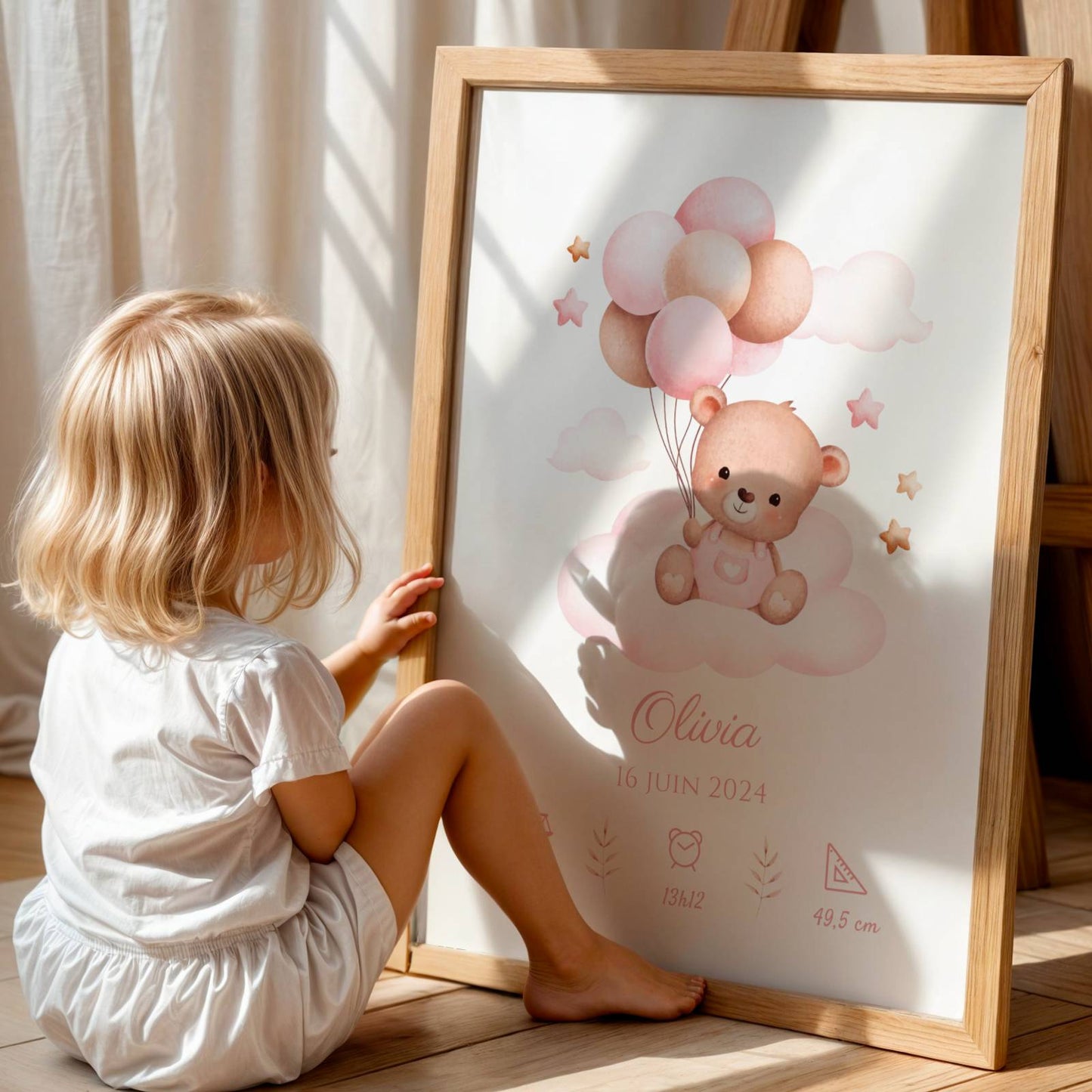 Affiche de naissance ours rose et ballons - Décoration chambre bébé personnalisé