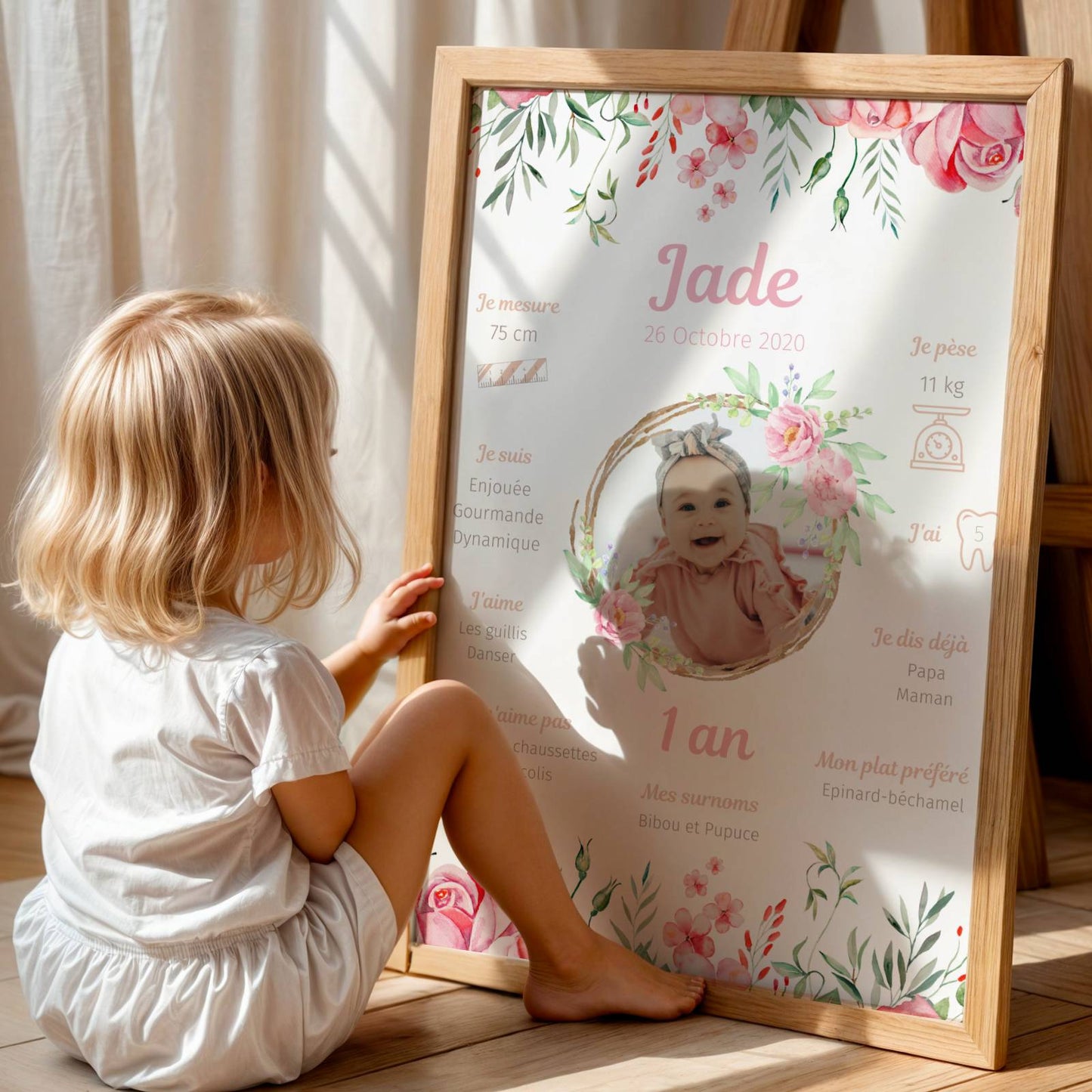 Affiche Anniversaire Fille Personnalisée Thème Fleurs Roses – Poster Étapes 1 An 2 Ans Souvenir Cadeau Fête - Image 5