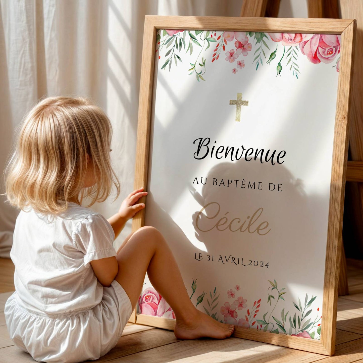 Affiche bienvenue baptême thème rose poudré personnalisée – prénom & message - Image 5