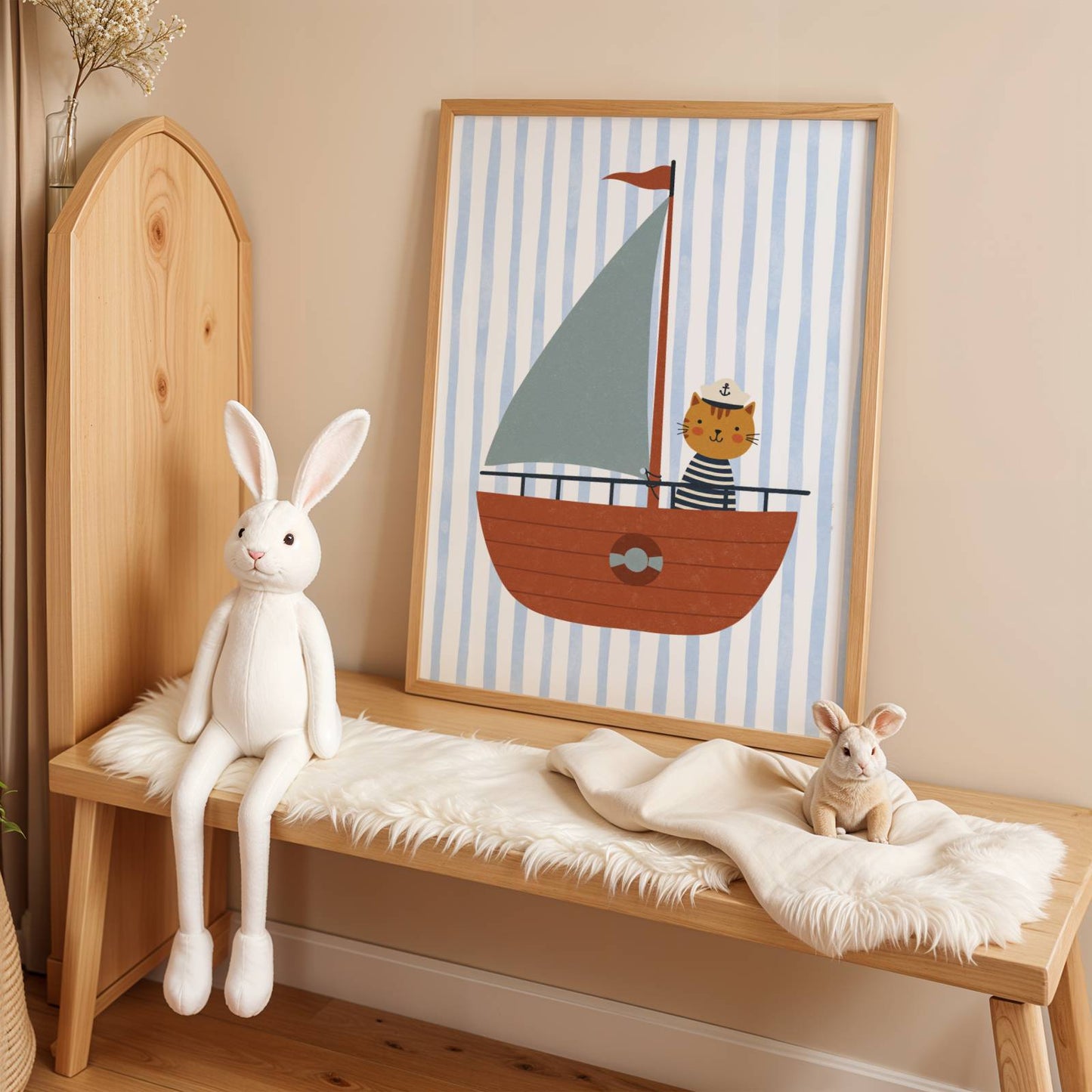 Affiche enfant Chat sur Bateau, Poster Imprimable Animaux, Décoration Marine Chambre Garçon ou Fille, Salle de Jeux, Cadeau Fun Océan