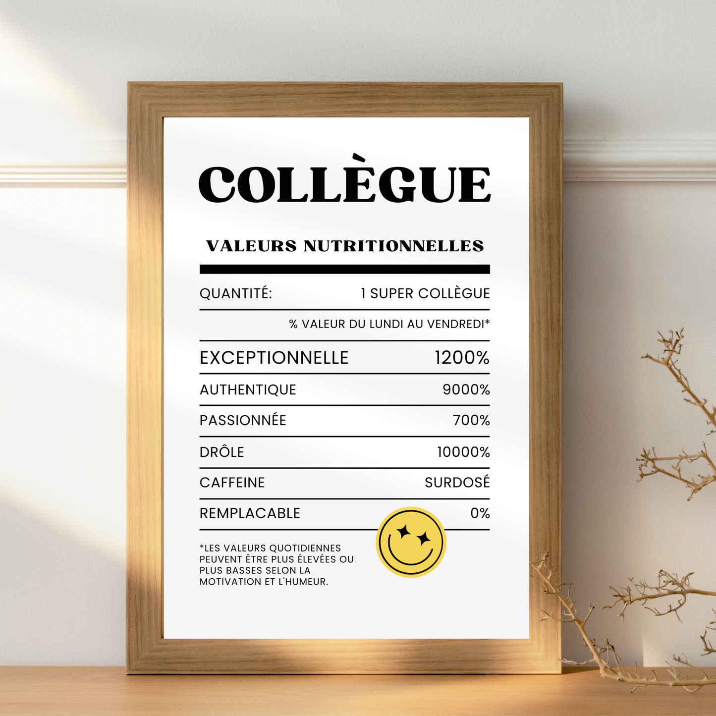 Valeurs nutritionnelles - affiche humoristique collègue homme femme pour cadeau de travail, départ retraite, secret santa ou anniversaire