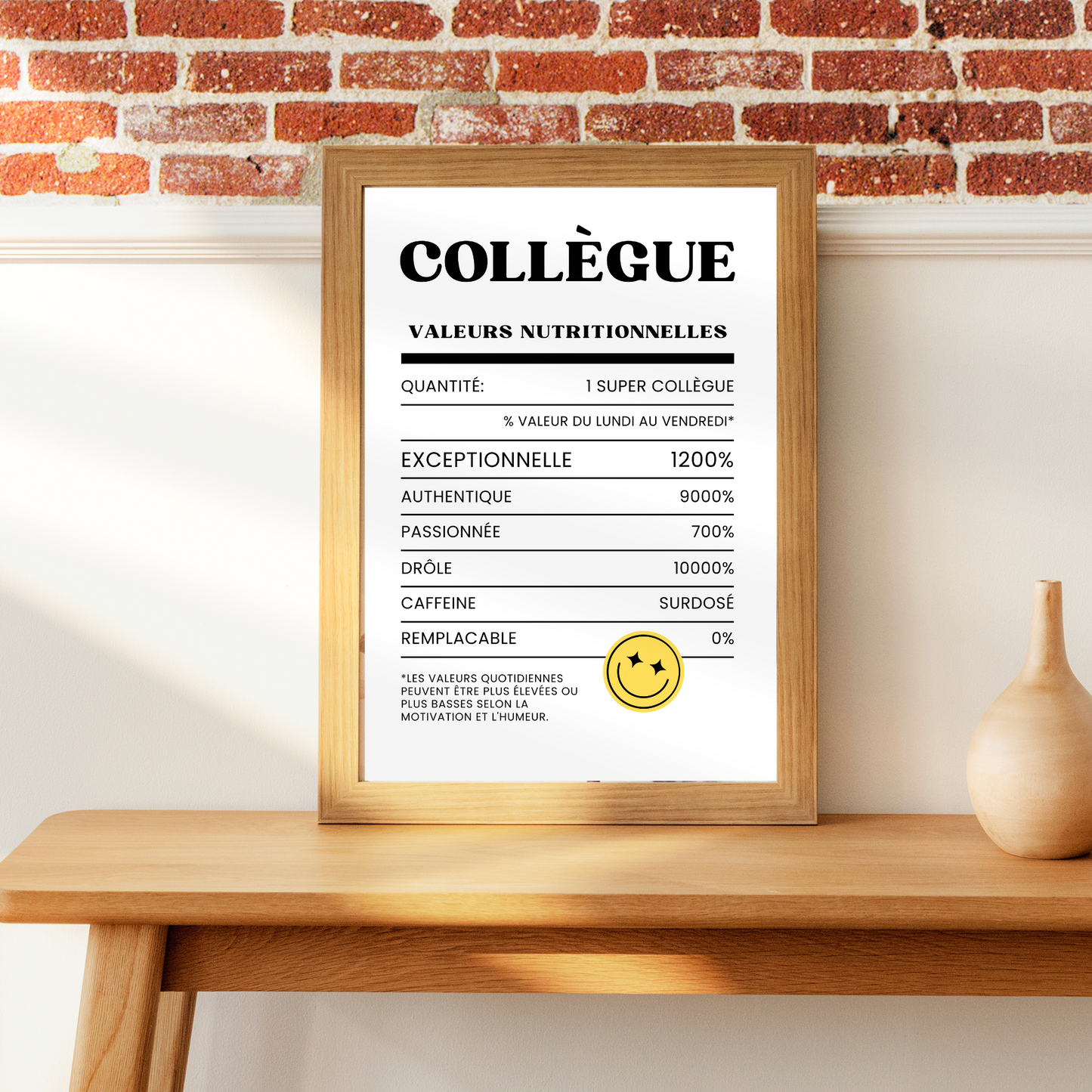 Valeurs nutritionnelles - affiche humoristique collègue homme femme pour cadeau de travail, départ retraite, secret santa ou anniversaire