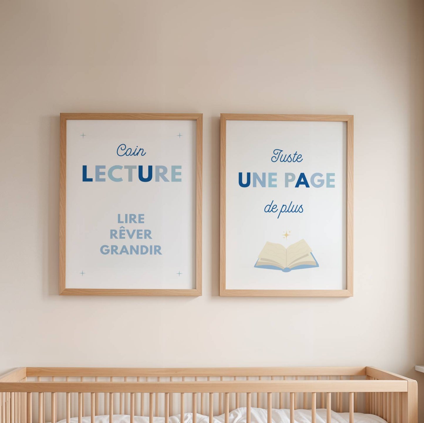 Duo d'affiches Coin Lecture aux teintes bleues pour chambre d'enfant, décoration Montessori minimaliste avec citations sur la lecture.