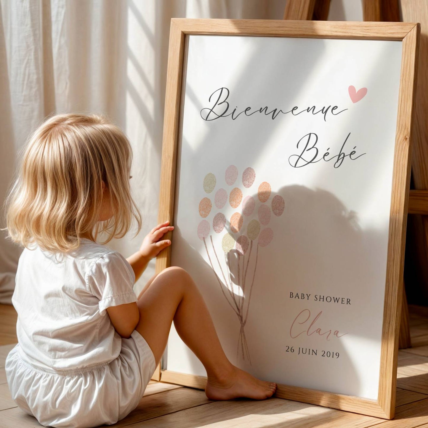 Affiche arbre à empreintes baby shower ballon rose – baptême fille personnalisé - Image 5