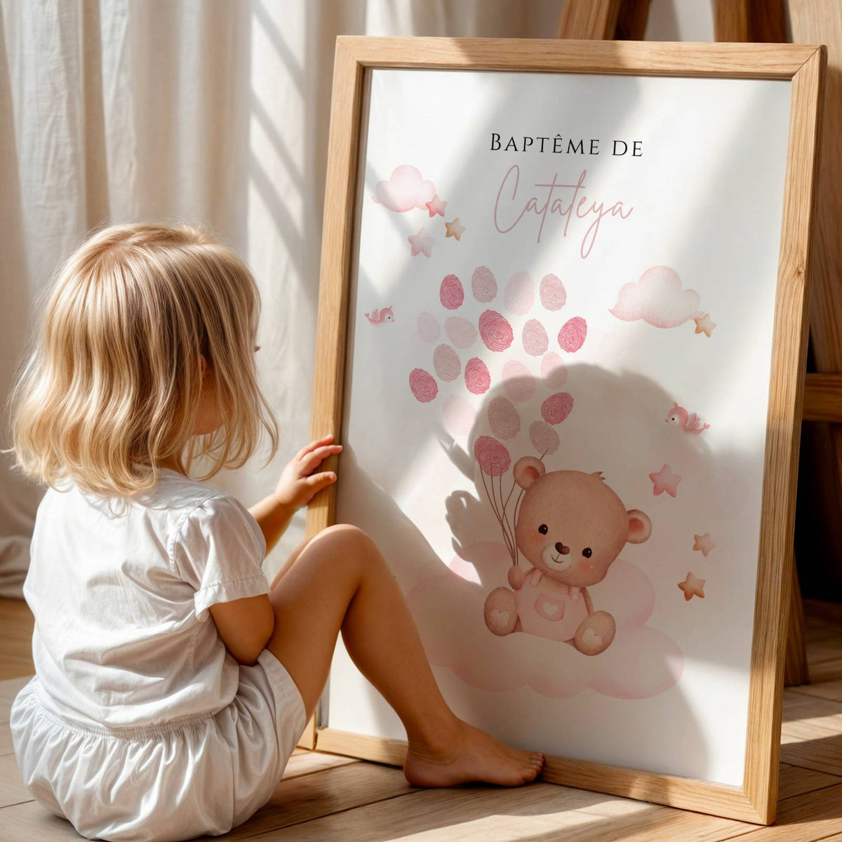 Affiche arbre à empreintes ours rose et ballon - Déco anniversaire baptême personnalisée fille rose par le Temps des Paillettes - Image 5
