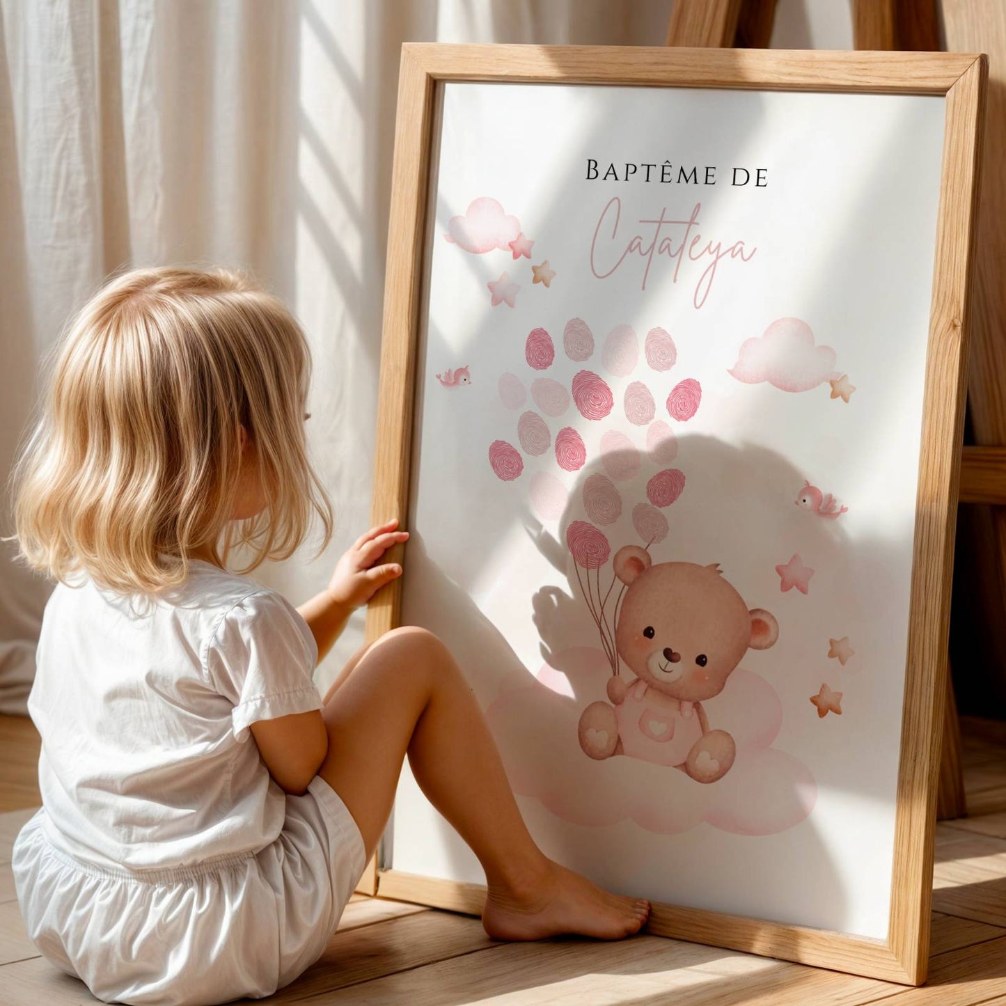 Affiche arbre à empreintes ours rose et ballon - Déco anniversaire baptême personnalisée fille rose par le Temps des Paillettes - Image 5