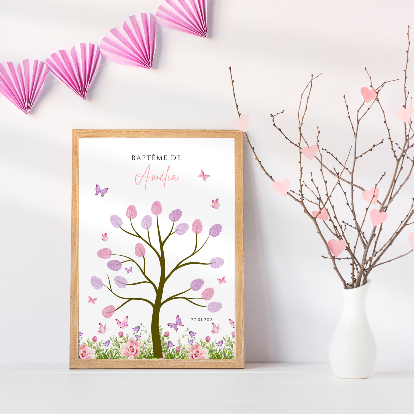 Affiche arbre à empreintes papillons - Déco anniversaire personnalisée fille rose