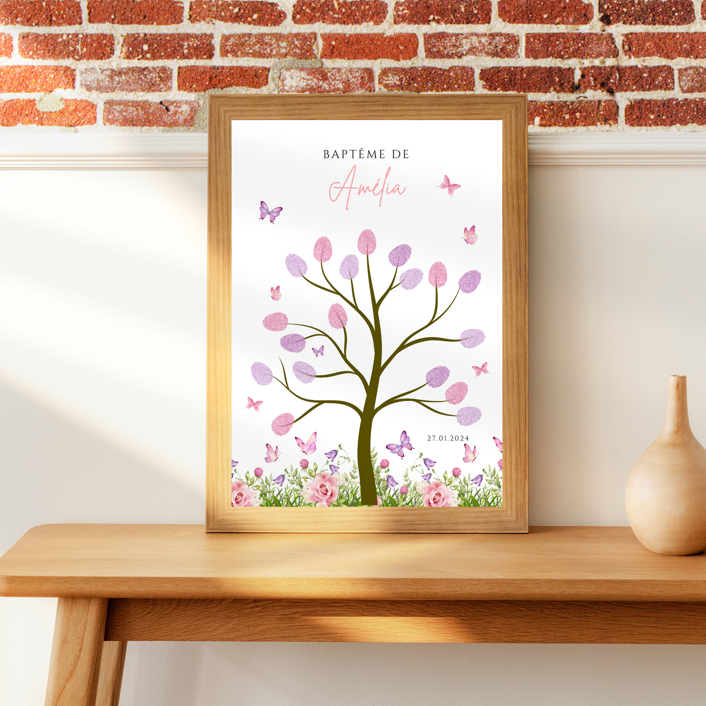Affiche arbre à empreintes papillons - Déco anniversaire personnalisée fille rose