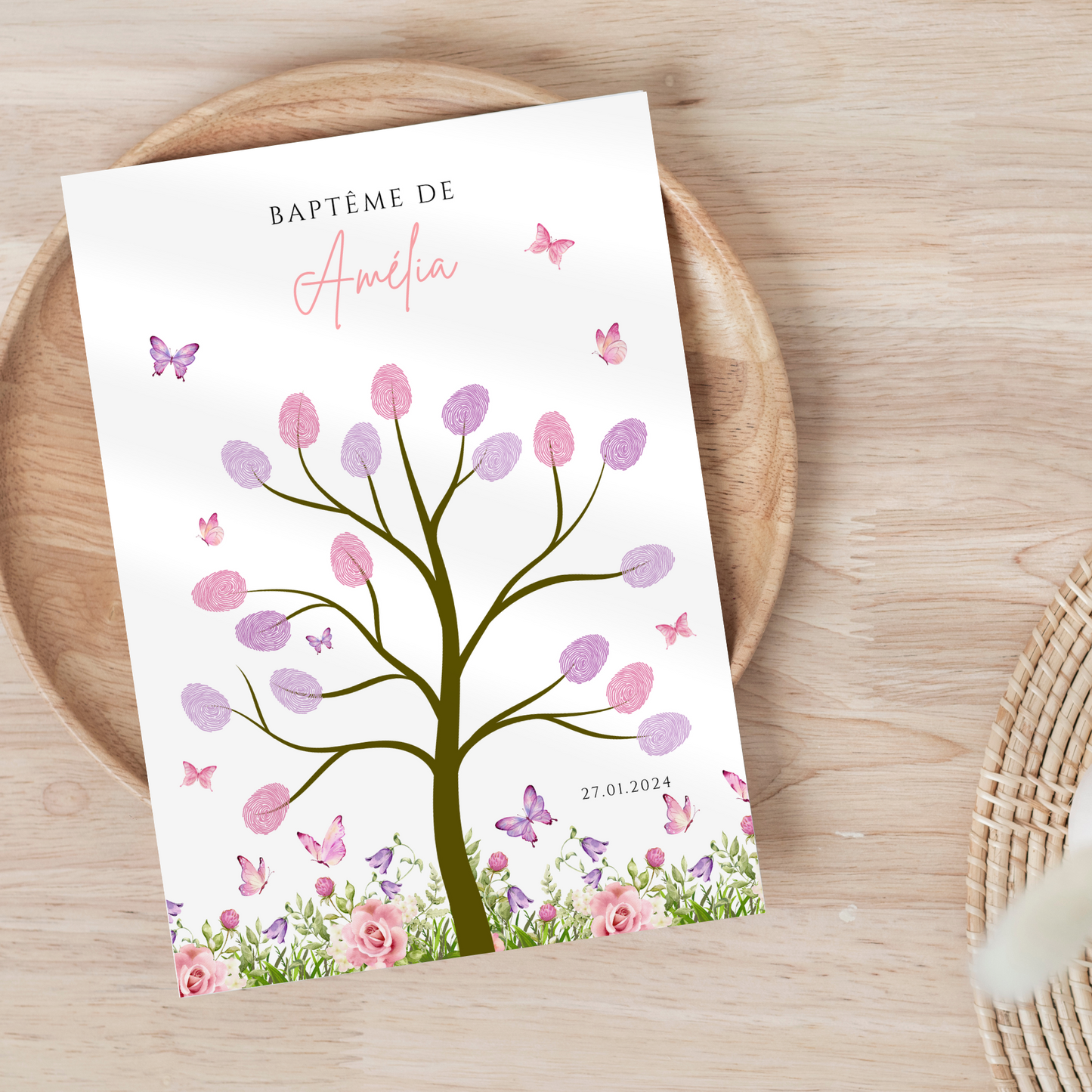 Affiche arbre à empreintes papillons - Déco anniversaire personnalisée fille rose