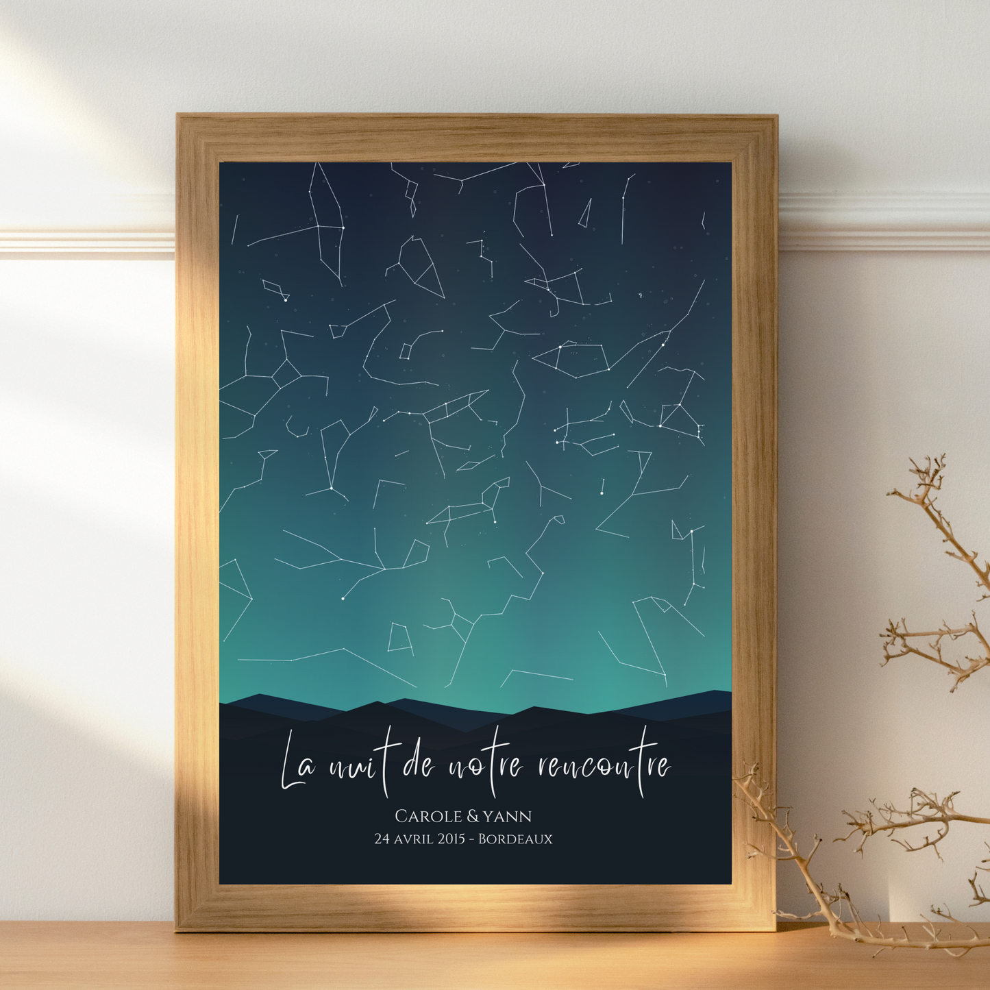 Affiche carte des étoiles personnalisée bleue - cadeau constellation pour couple