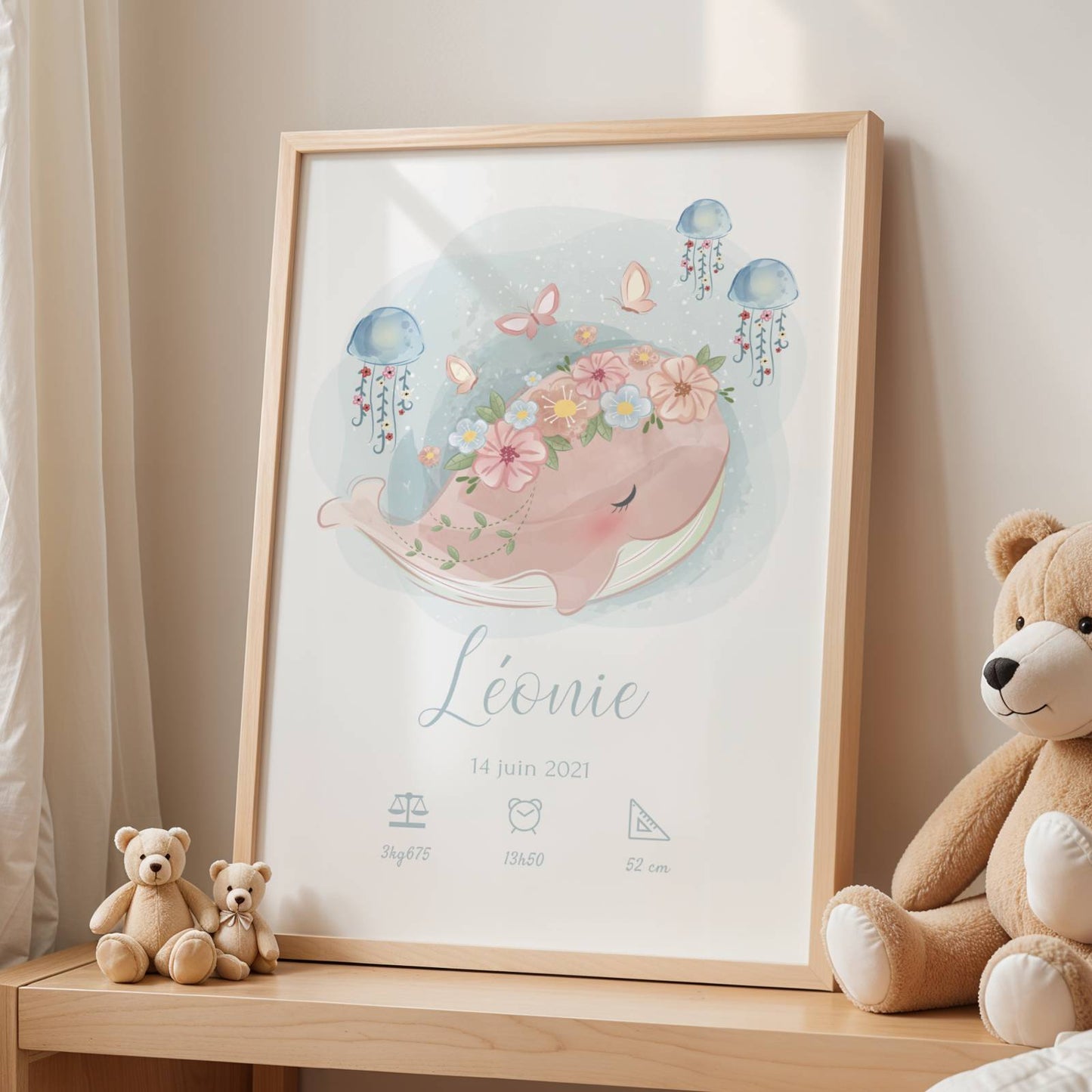 Affiche de naissance personnalisée prénom et baleine - Cadeau de naissance personnalisé