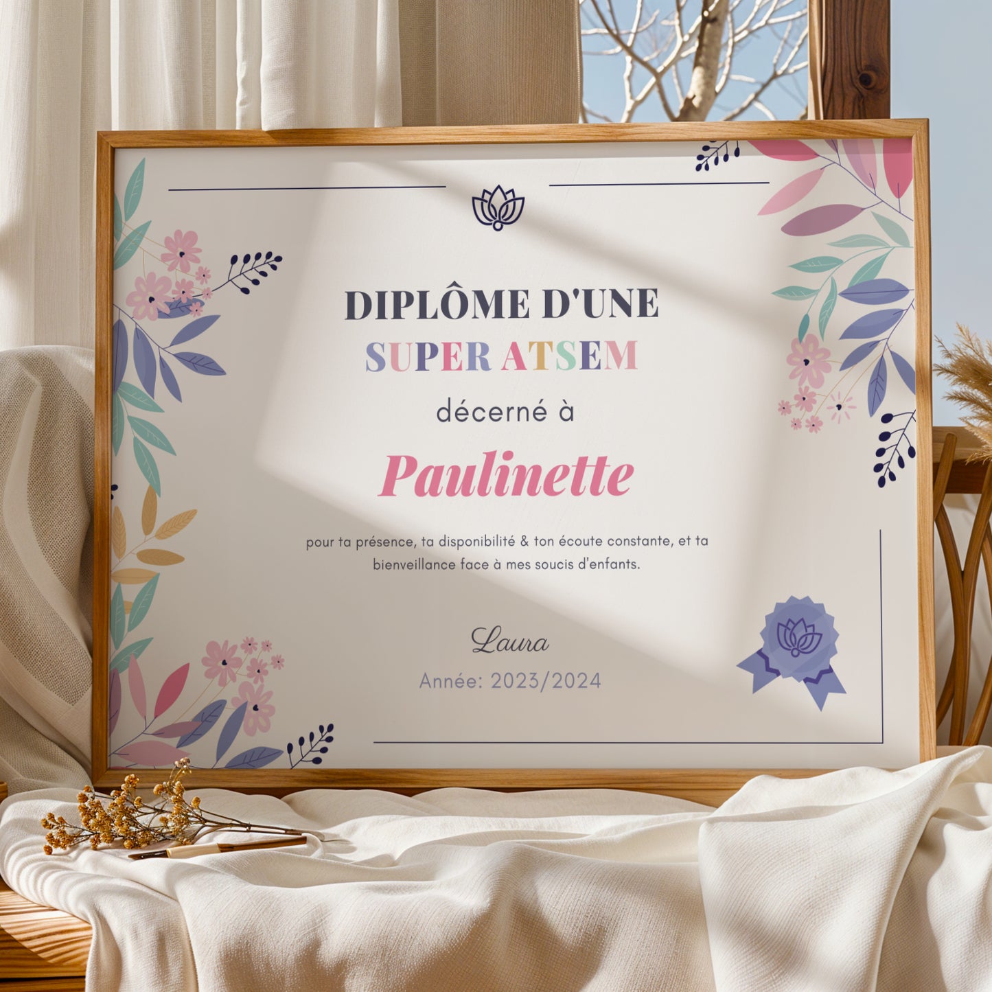 Affiche diplôme ATSEM personnalisé motifs colorés et ludiques