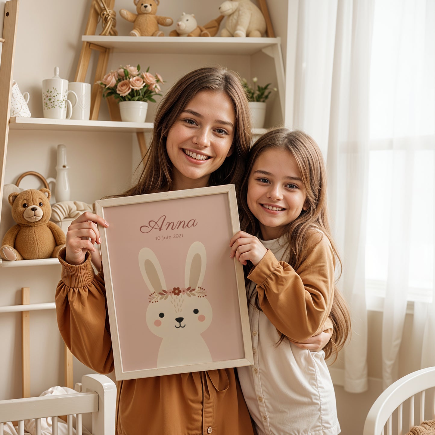 Affiche bébé lapin fleurs personnalisée- décoration murale chambre bébé animaux forêt poster beige personnalisé prénom cadeau naissance