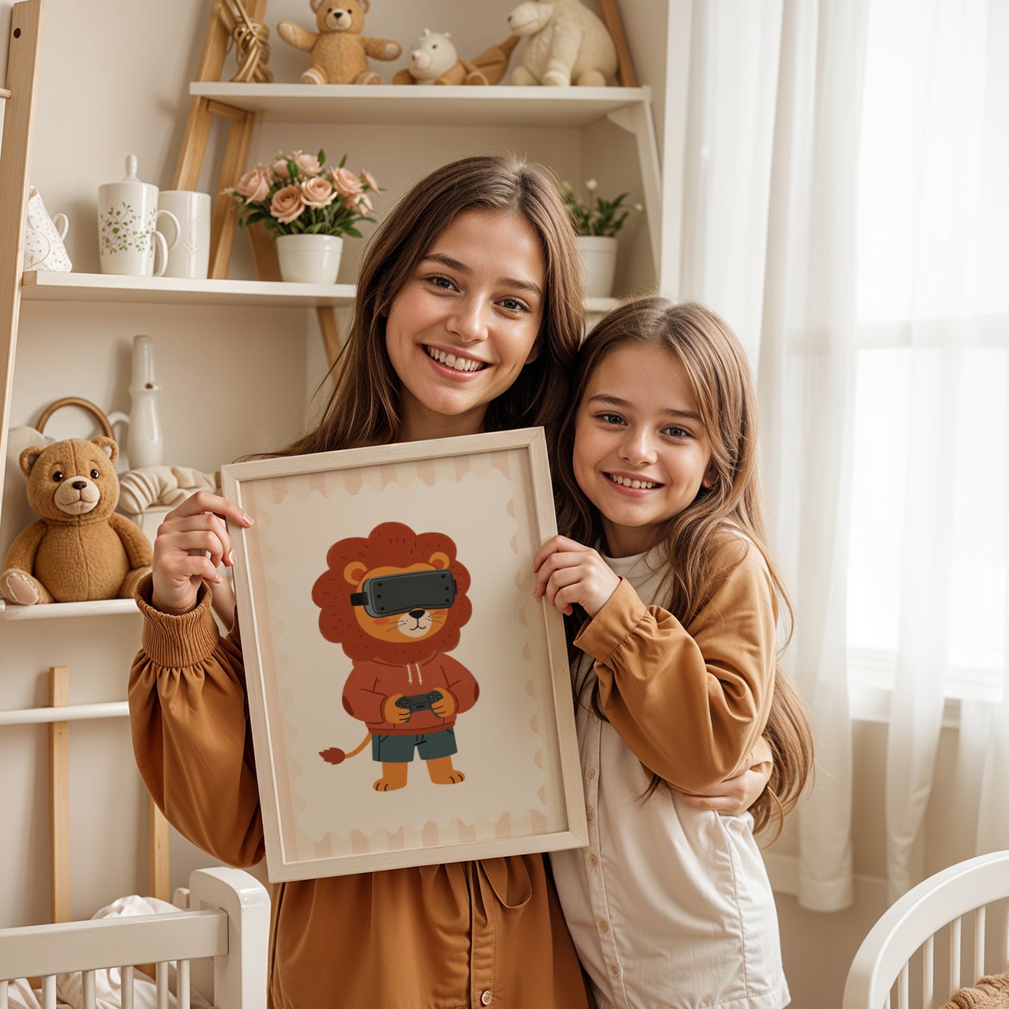 Affiche enfant Lion Gamer avec Casque VR, Poster Imprimable Animaux, Décoration Salle de Jeux, Chambre Bébé, Cadeau Naissance Geek