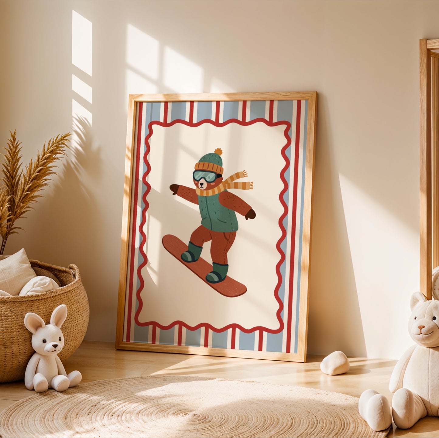 Affiche enfant Ours qui fait du Snowboard Cool, - Affiche enfant Dopamine colorée – Animal rigolo pour une déco pleine de joie