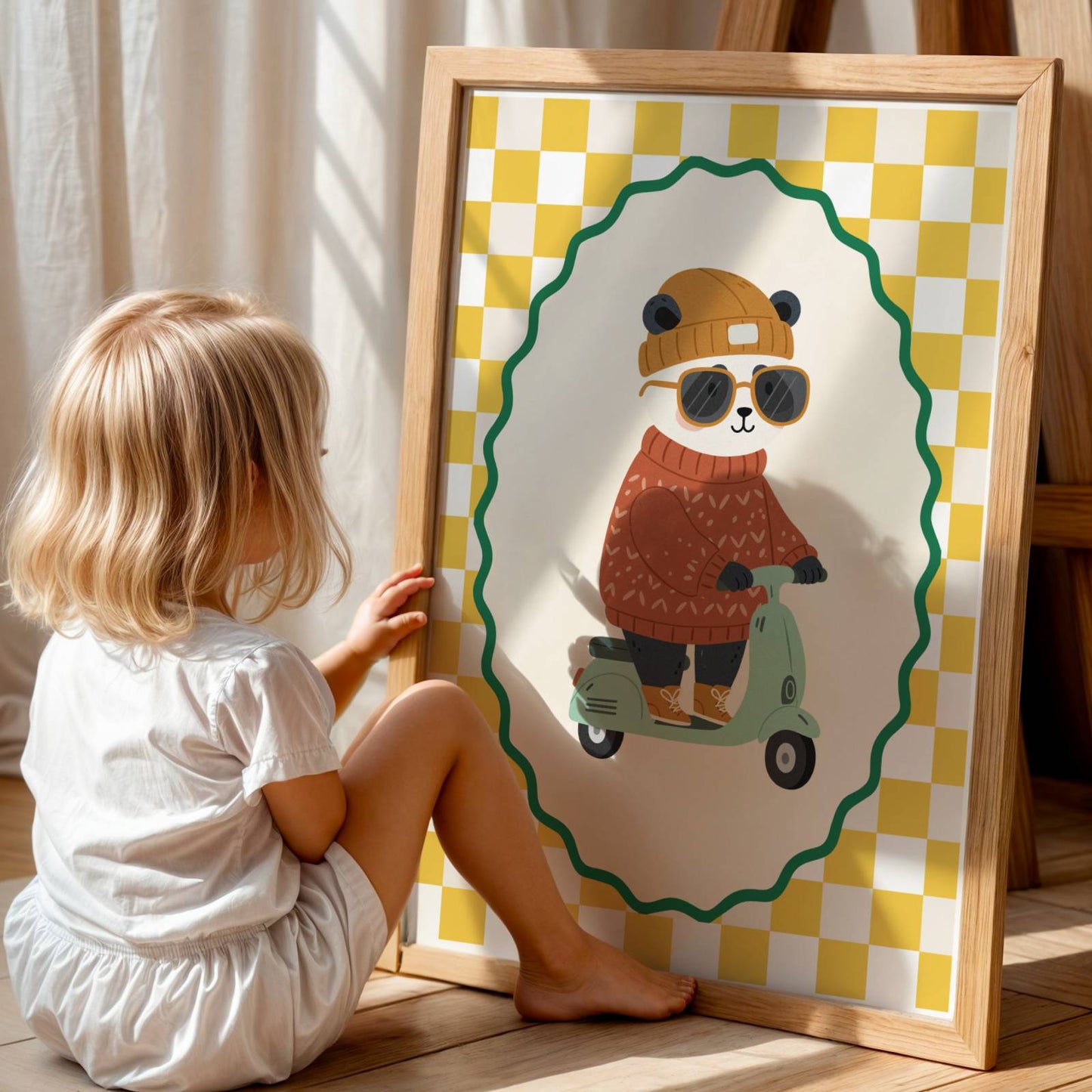 Affiche enfant Panda Cool sur Scooter Vespa – Affiche Animaux Tendance pour Chambre d’Enfant, Poster Déco Fun et Cadeau