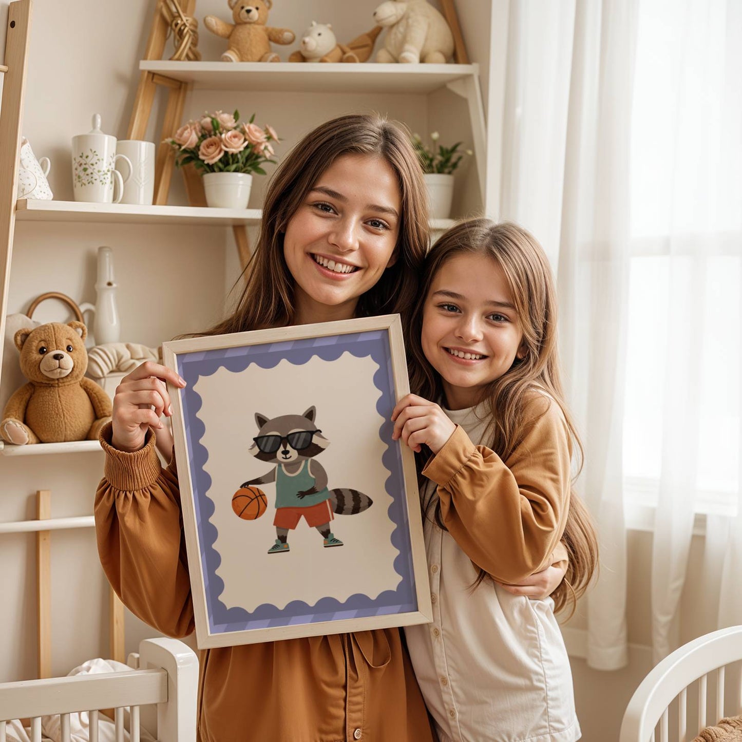 Affiche Enfant Raton Laveur Fan de Basket – Illustration Sportive et Ludique pour Décoration de Chambre d’Enfant