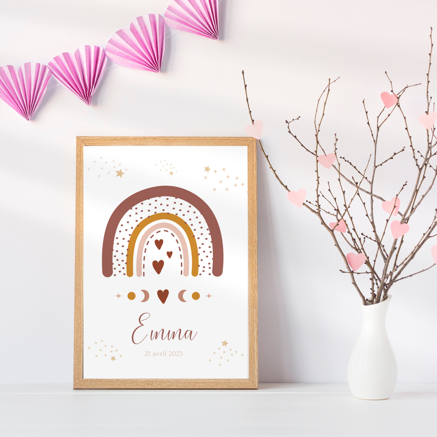 Set 3 affiches enfant terracotta bohème - décoration arc en ciel lune soleil