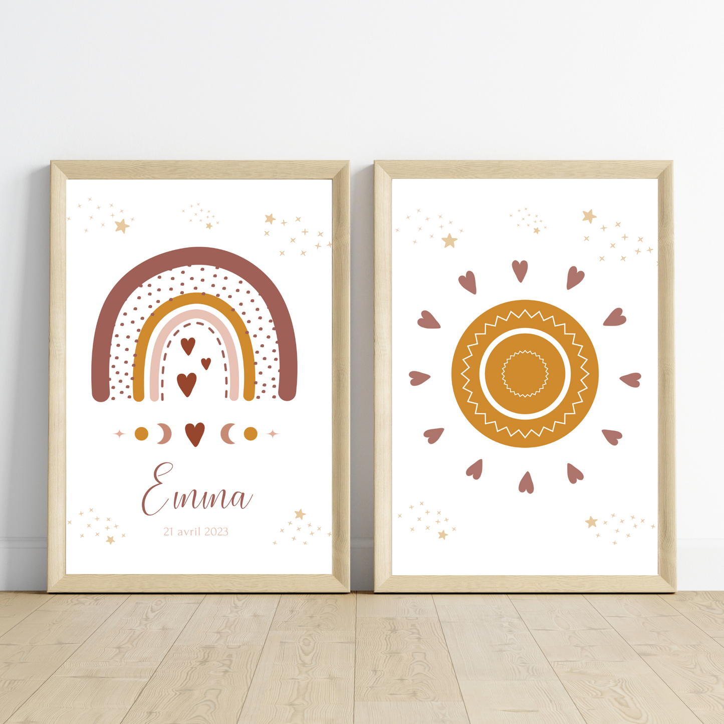 Set 3 affiches enfant terracotta bohème - décoration arc en ciel lune soleil