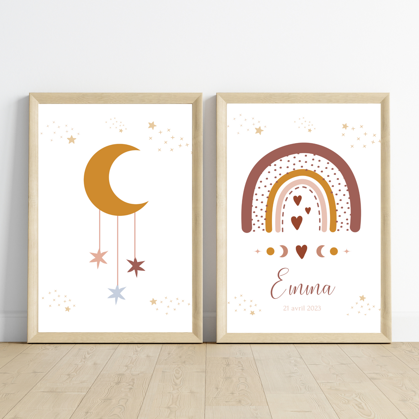 Set 3 affiches enfant terracotta bohème - décoration arc en ciel lune soleil