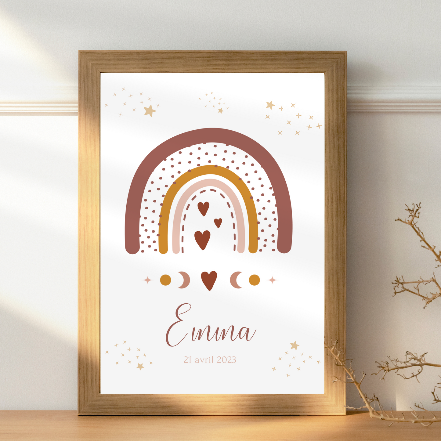 Set 3 affiches enfant terracotta bohème - décoration arc en ciel lune soleil