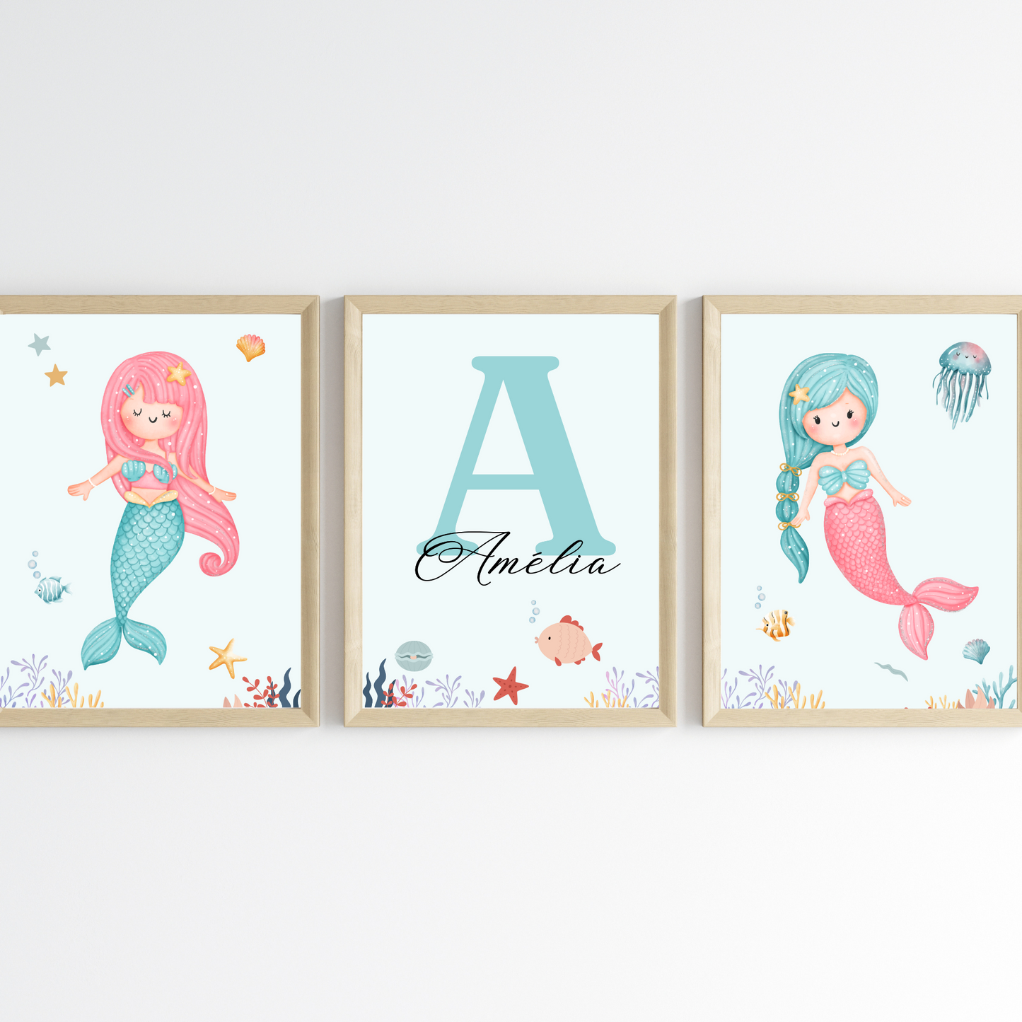 Affiche enfant sirène - Déco fille océan - Trio affiches A4 SANS CADRE