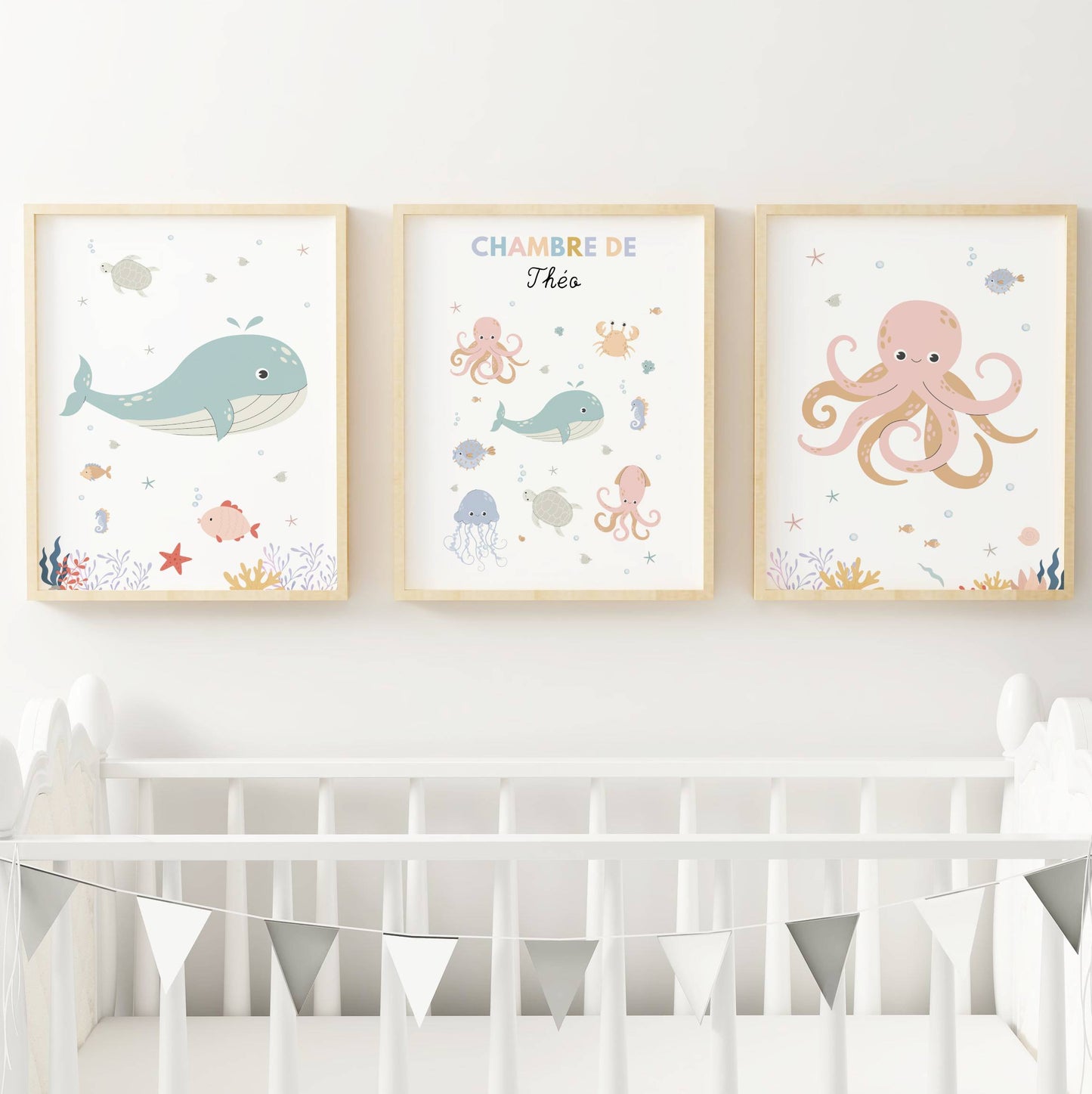 Trio d’affiches personnalisées thème océan pour chambre bébé avec baleine, pieuvre et animaux marins à l’aquarelle