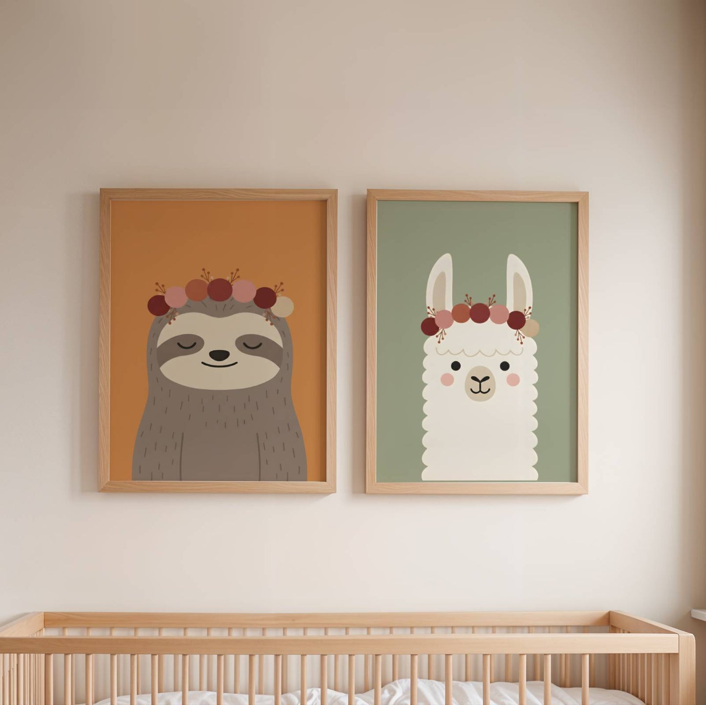 Lot de 3 affiches enfant terracotta avec Lama, Paresseux et poster personnalisé avec prénom et soleil