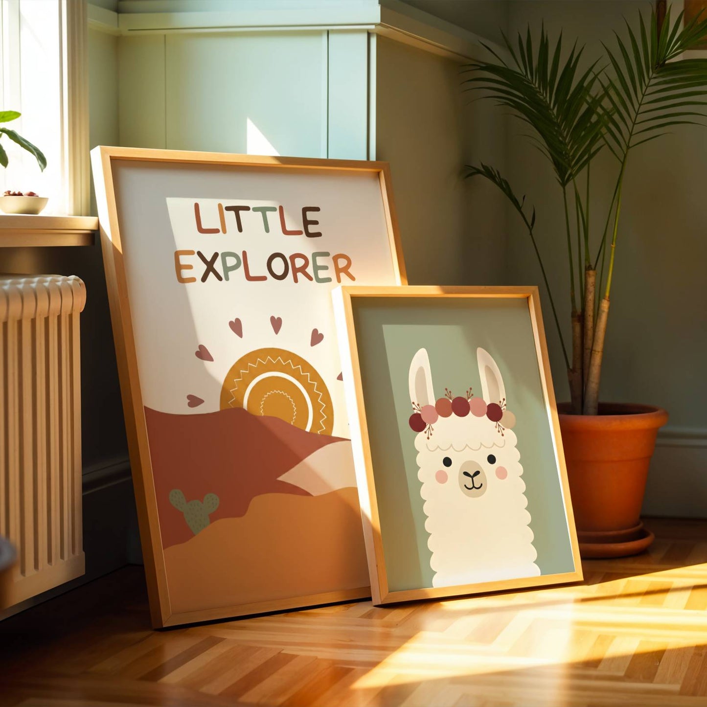 Lot de 3 affiches enfant terracotta avec Lama, Paresseux et poster personnalisé avec prénom et soleil