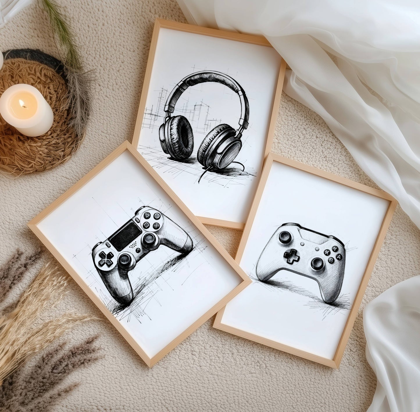 Lot de 3 affiches thème jeu vidéos en dessins esquissées avec joystick et casque audio en dessin sketch