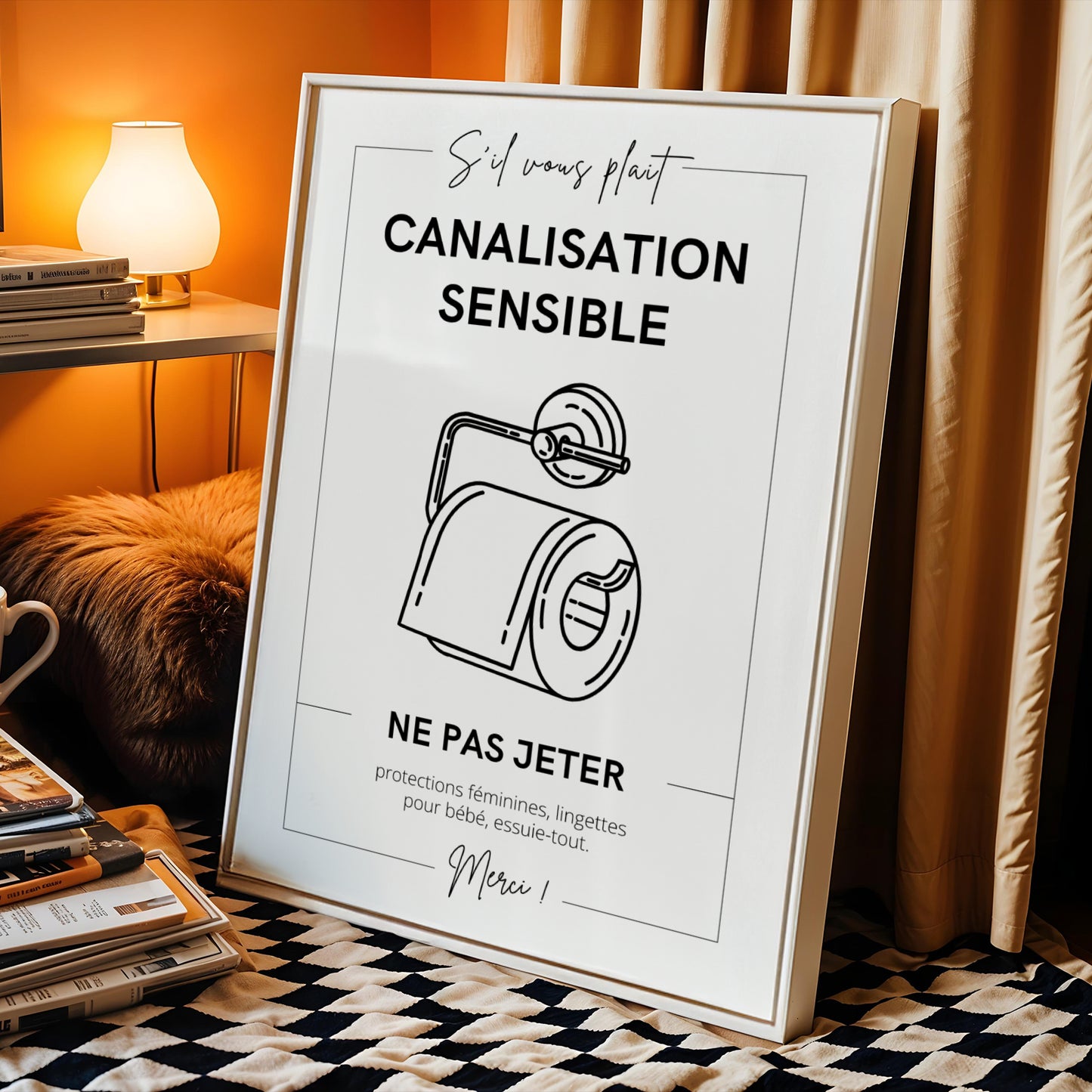 Affiche WC ne rien jeter dans les toilettes, signalétique canalisations sensibles, affiche Airbnb et location saisonnière, décoration salle de bain utile et moderne Le Temps des Paillettes