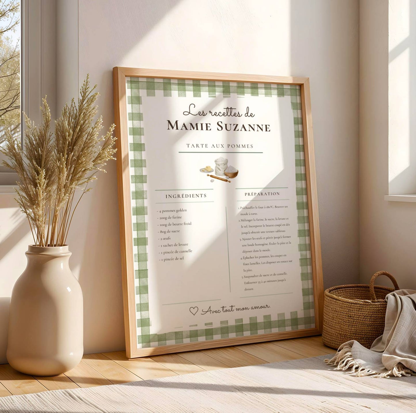 Affiche Recette Personnalisée Mamie — Cadeau Grand-mère Original — Poster Cuisine Vichy Imprimable — Cadeau Noël Fête des Mères