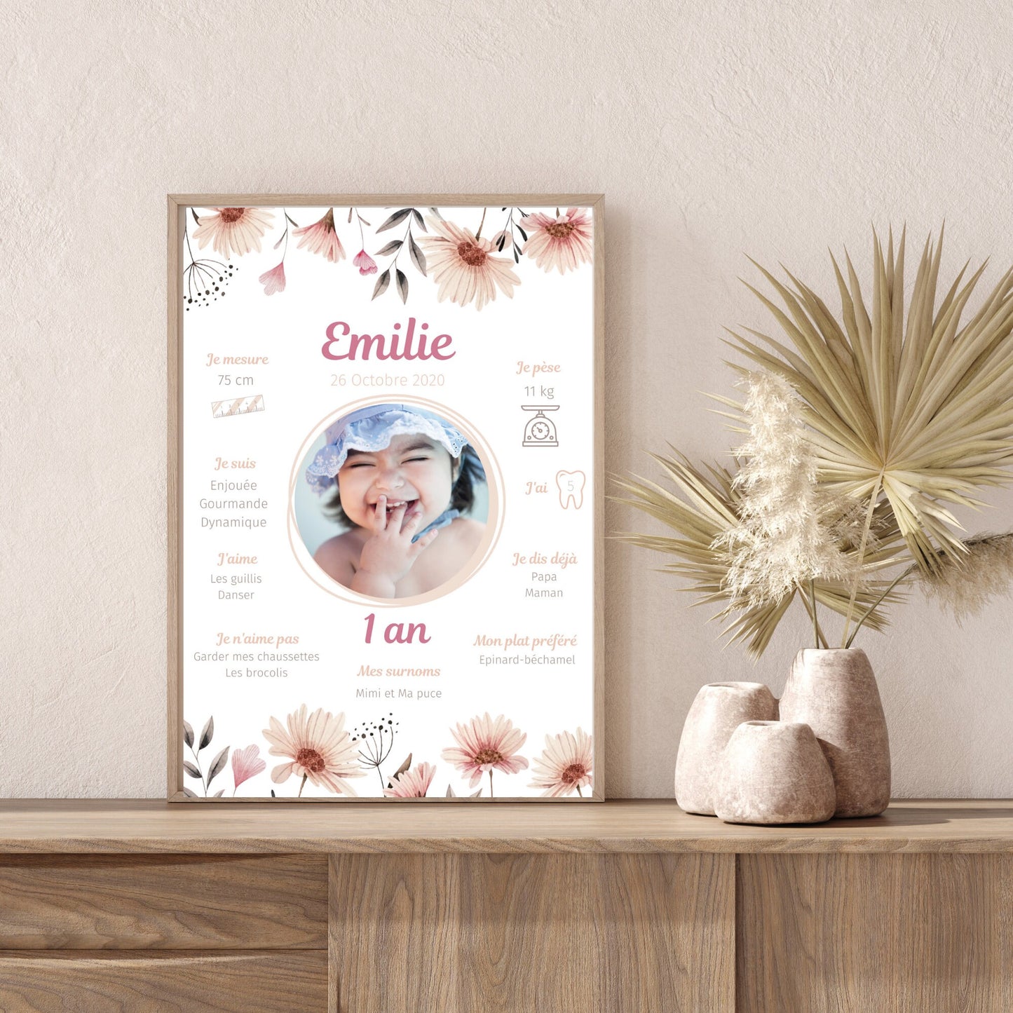 Affiche anniversaire fleurs roses personnalisée - Thème fille bohème par le temps des paillettes - Le Temps des Paillettes