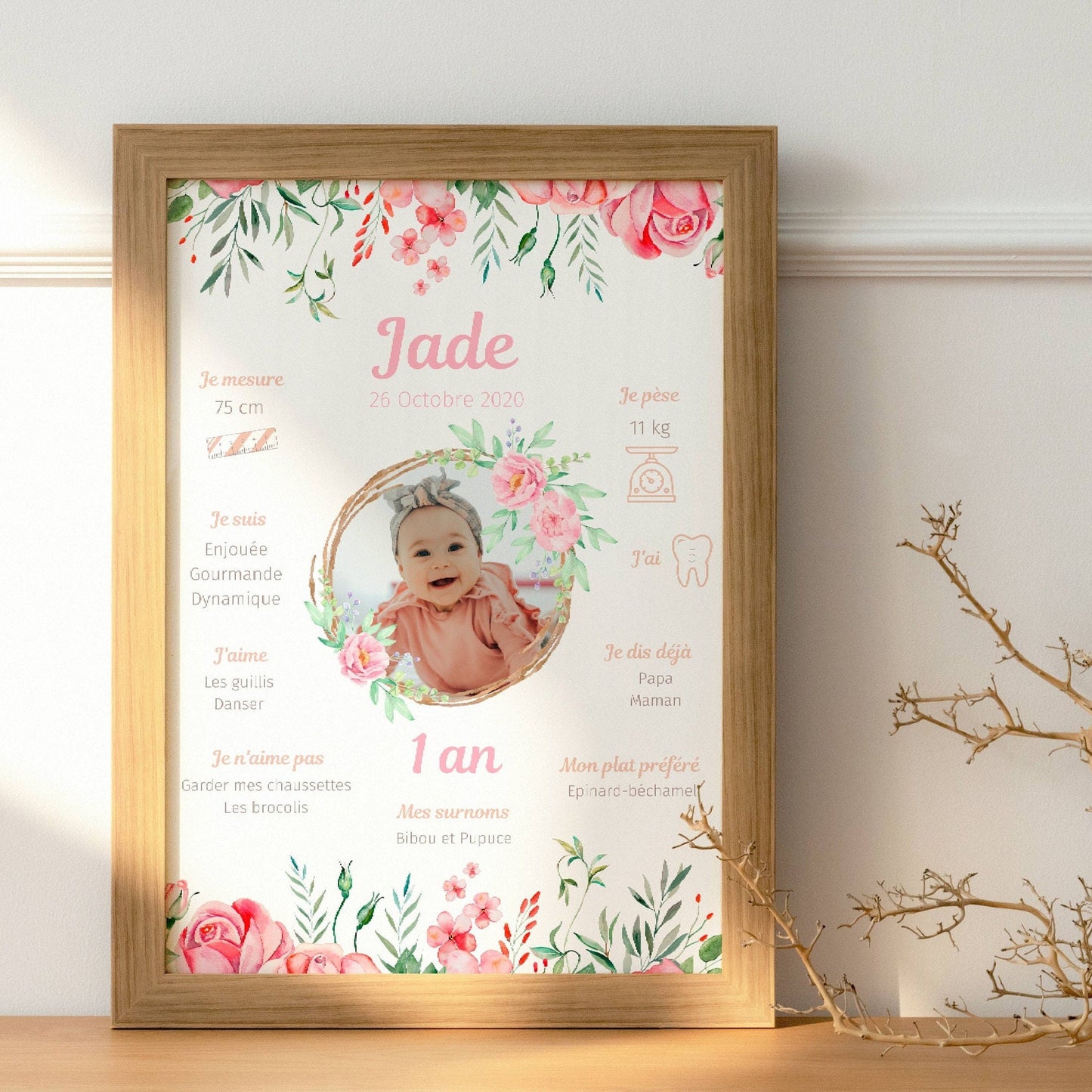 Affiche d'anniversaire personnalisée pour fille - Thème Fleurs Roses - Le Temps des Paillettes