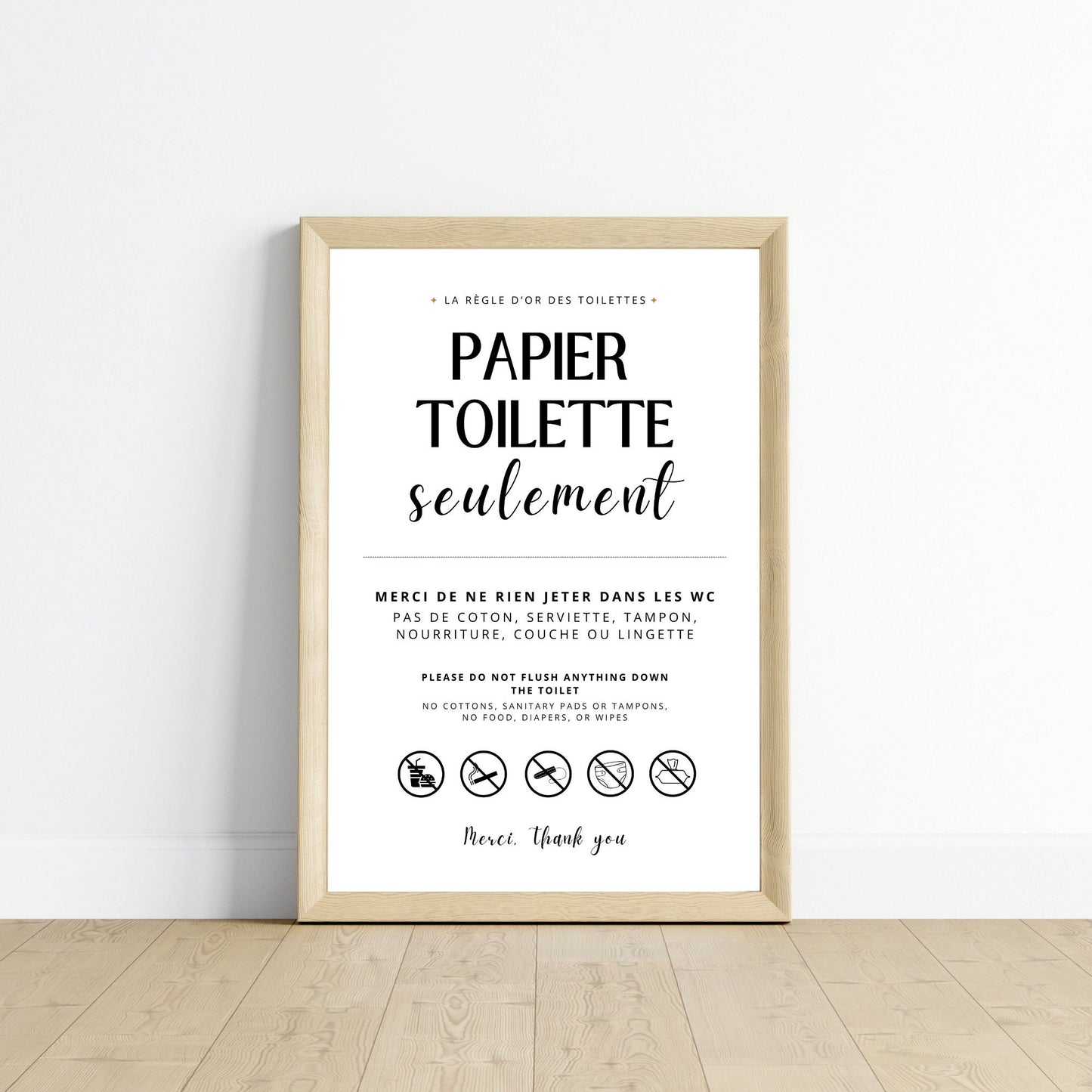 Affiche Ne rien jeter dans les WC en français - Affiche toilette canalisation sensible - Le Temps des Paillettes