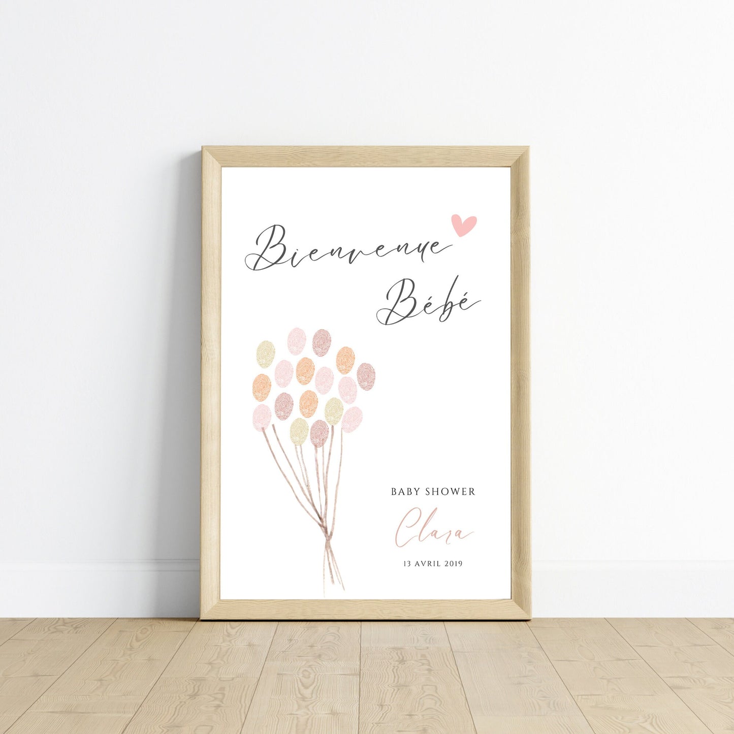 Affiche arbre à empreintes baby shower ballon - Déco anniversaire baptême personnalisée fille rose par le Temps des Paillettes - Le Temps des Paillettes