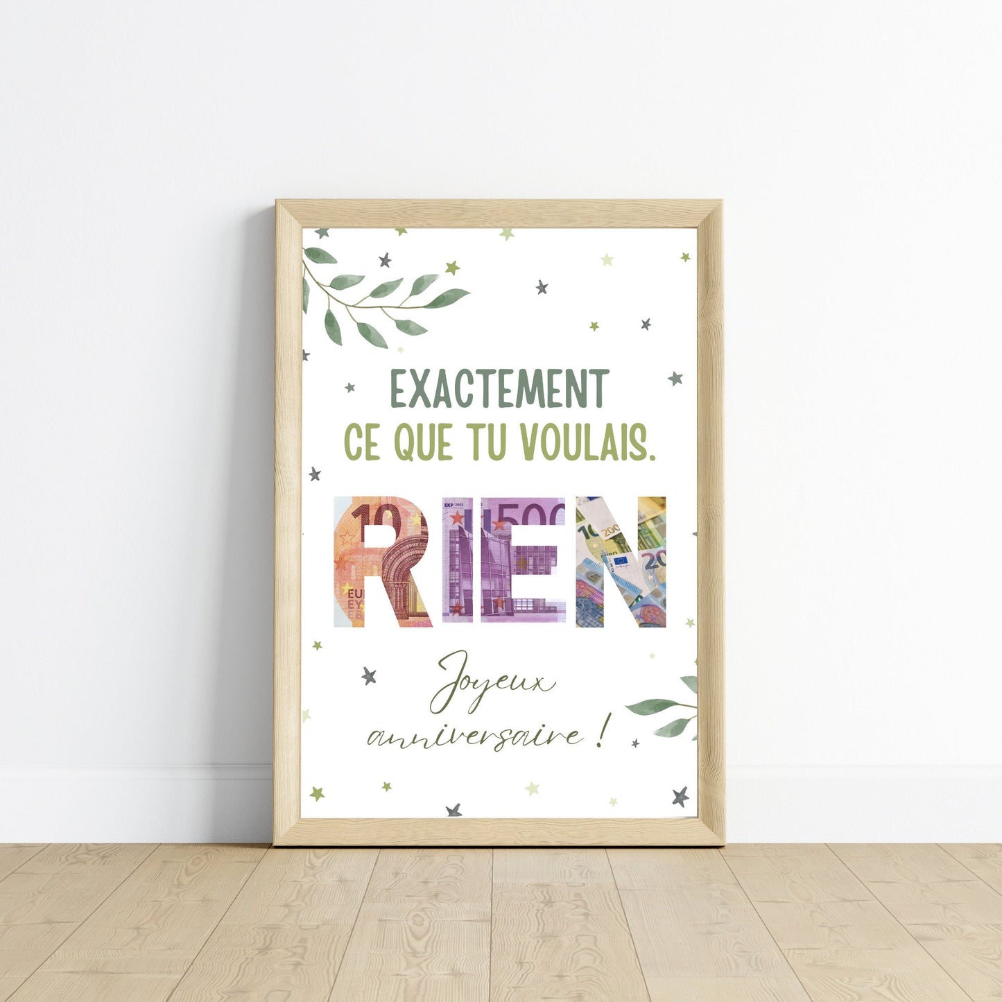 Cadeau argent anniversaire Rien, affiche message surprise pour billets à offrir - Le Temps des Paillettes