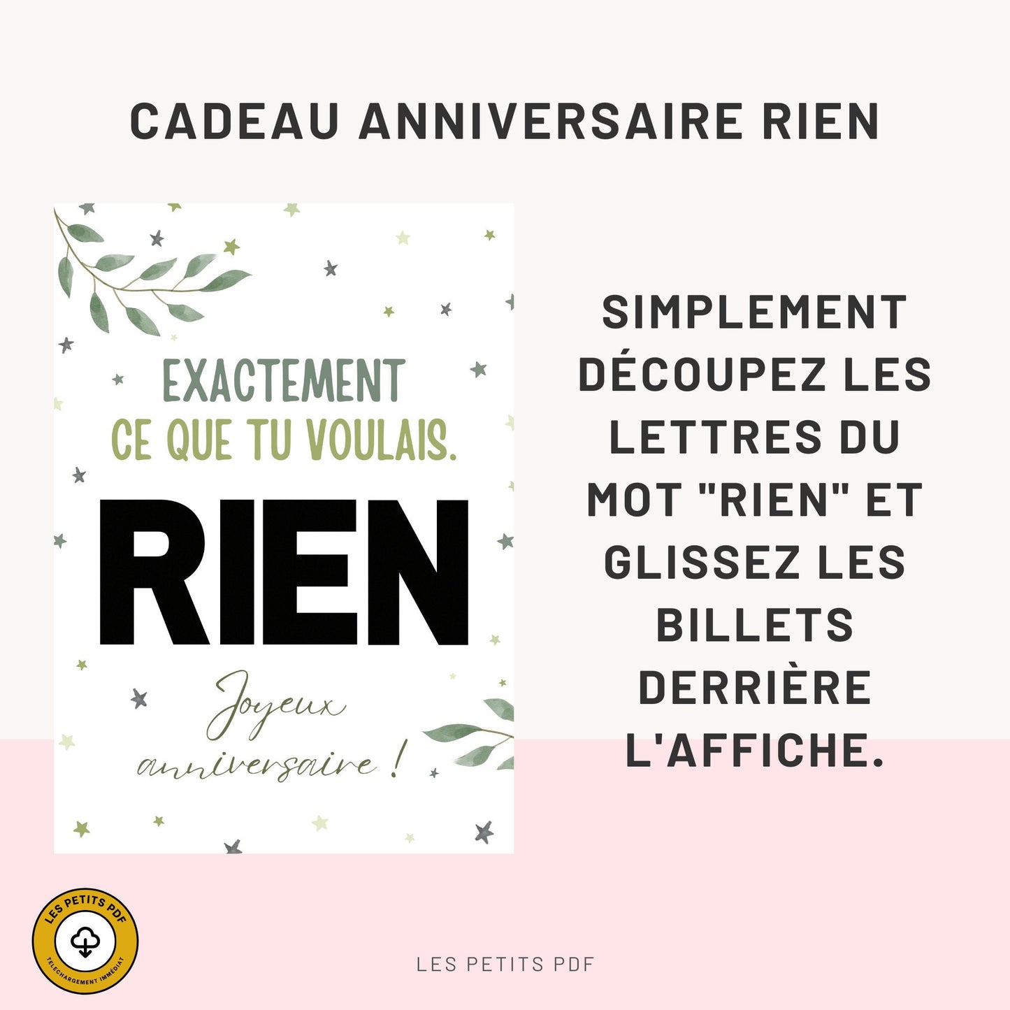 Cadeau argent anniversaire Rien, affiche message surprise pour billets à offrir - Le Temps des Paillettes