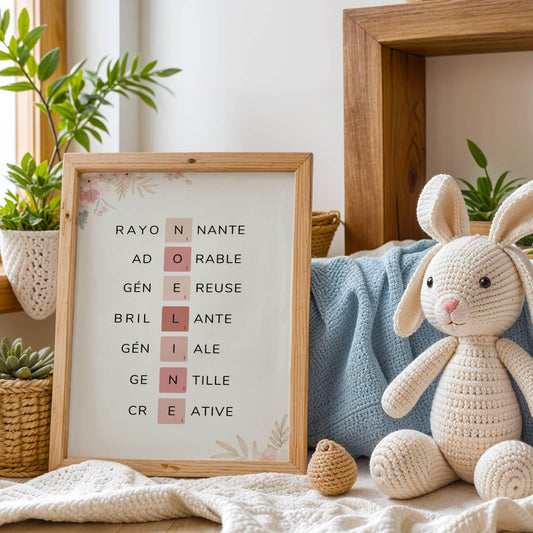 Affiche Prénom Personnalisée Scrabble – Cadeau Naissance Original Fille Rose Pastel - Image 2
