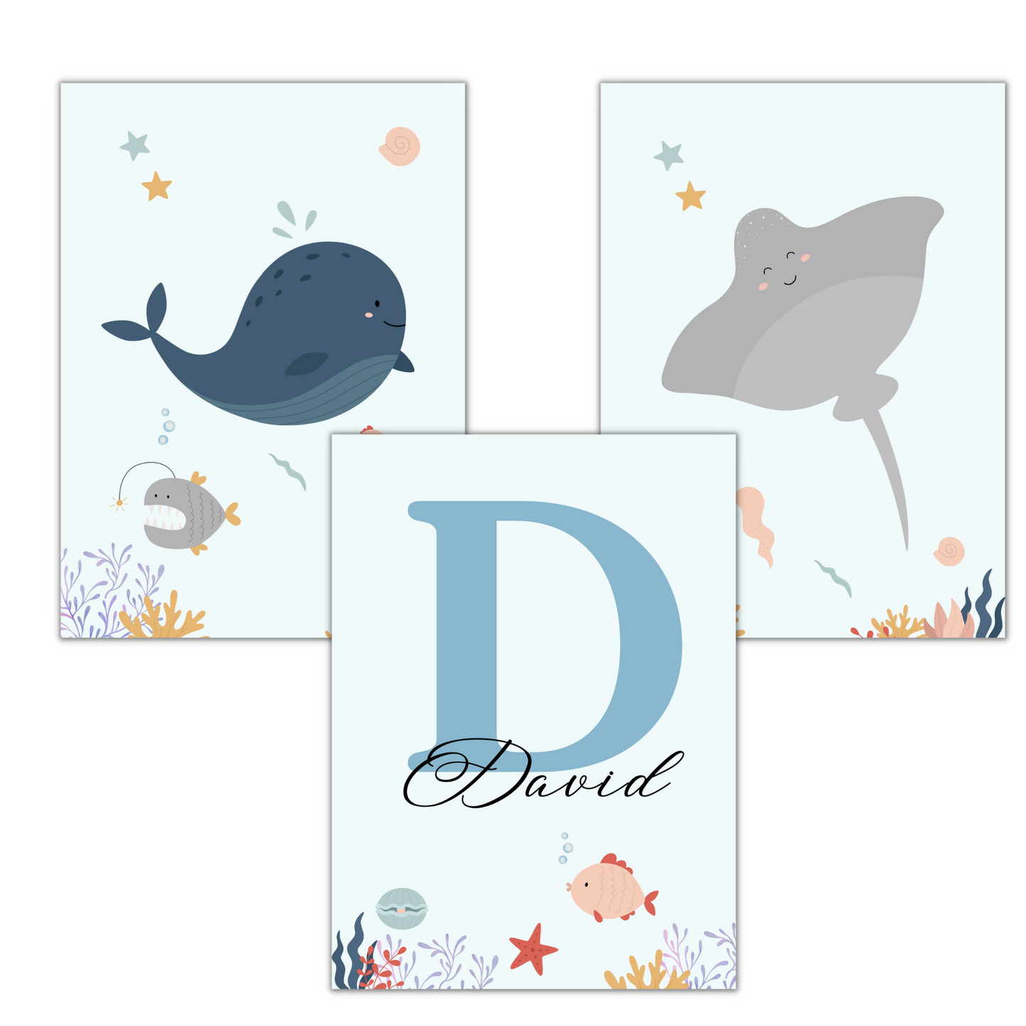 Affiches océan enfant - trio prénom baleine raie - Décoration sous l'océan par Le Temps des Paillettes - Le Temps des Paillettes