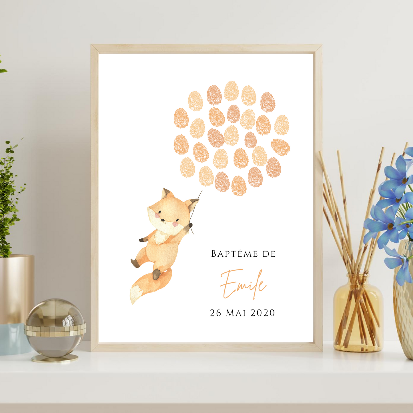 Affiche arbre à empreintes renard et ballon - Déco anniversaire baptême personnalisée renard par le Temps des Paillettes - Le Temps des Paillettes