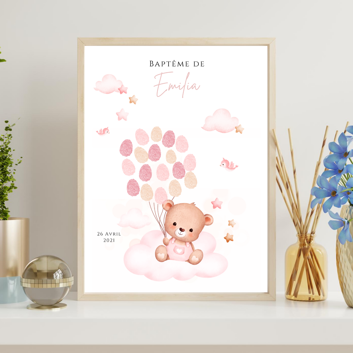 Affiche arbre à empreintes ours rose et ballon - Déco anniversaire baptême personnalisée fille rose par le Temps des Paillettes - Le Temps des Paillettes