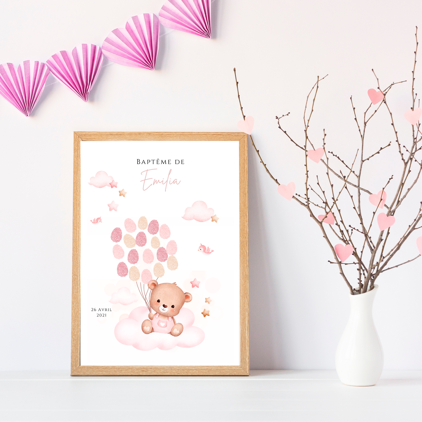 Affiche arbre à empreintes ours rose et ballon - Déco anniversaire baptême personnalisée fille rose par le Temps des Paillettes - Le Temps des Paillettes