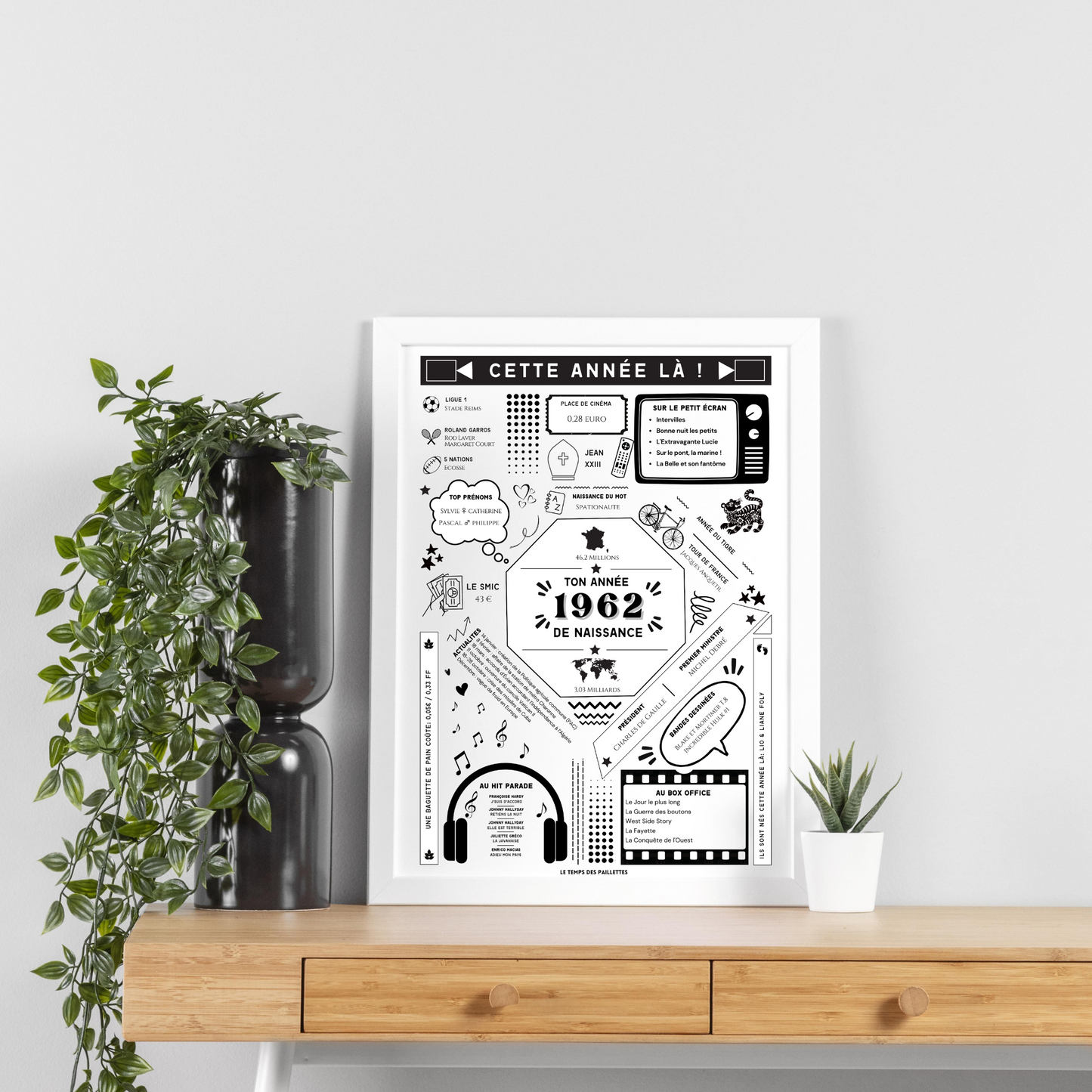 Affiche date de naissance 1962- Affiche d'anniversaire - Carte année de naissance par Le Temps des Paillettes - Le Temps des Paillettes