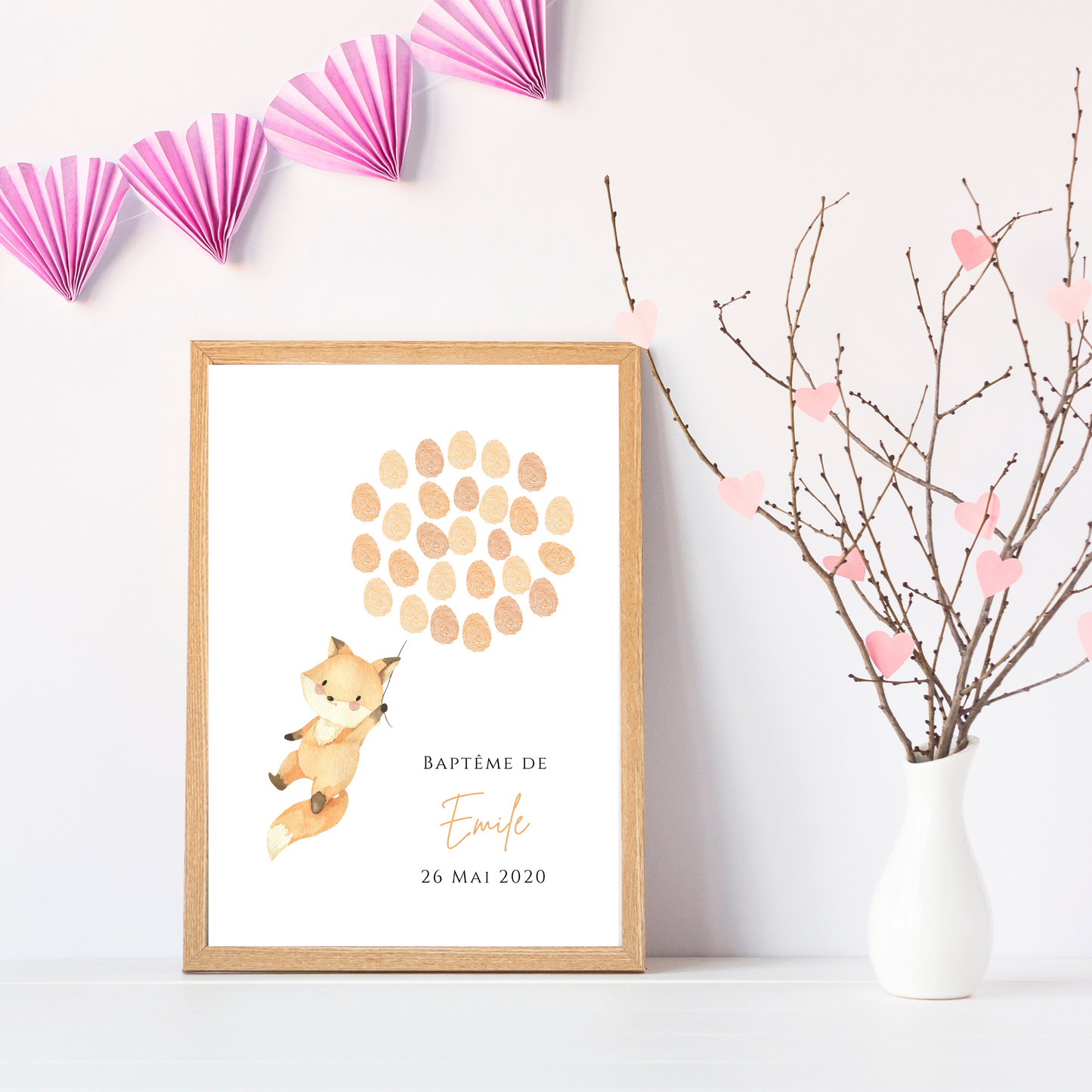 Affiche arbre à empreintes renard et ballon - Déco anniversaire baptême personnalisée renard par le Temps des Paillettes - Le Temps des Paillettes