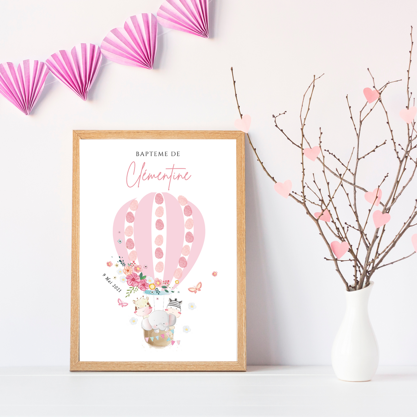 Affiche arbre à empreintes montgolfière et animaux - Déco baptême anniversaire personnalisée par le Temps des Paillettes - Le Temps des Paillettes